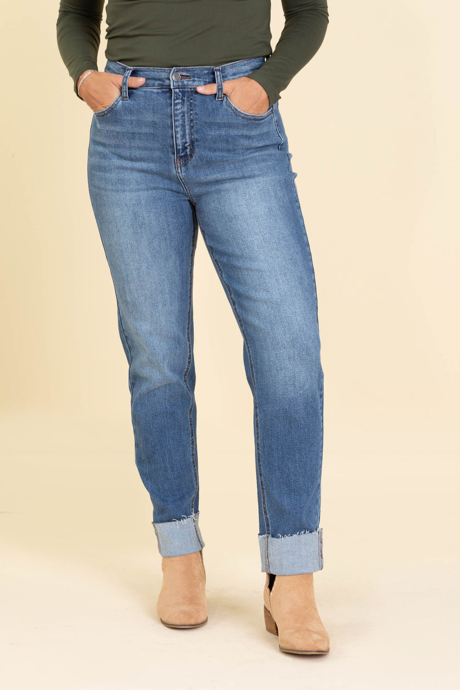 Cello Dark High Rise Mom Jeans With Cuff