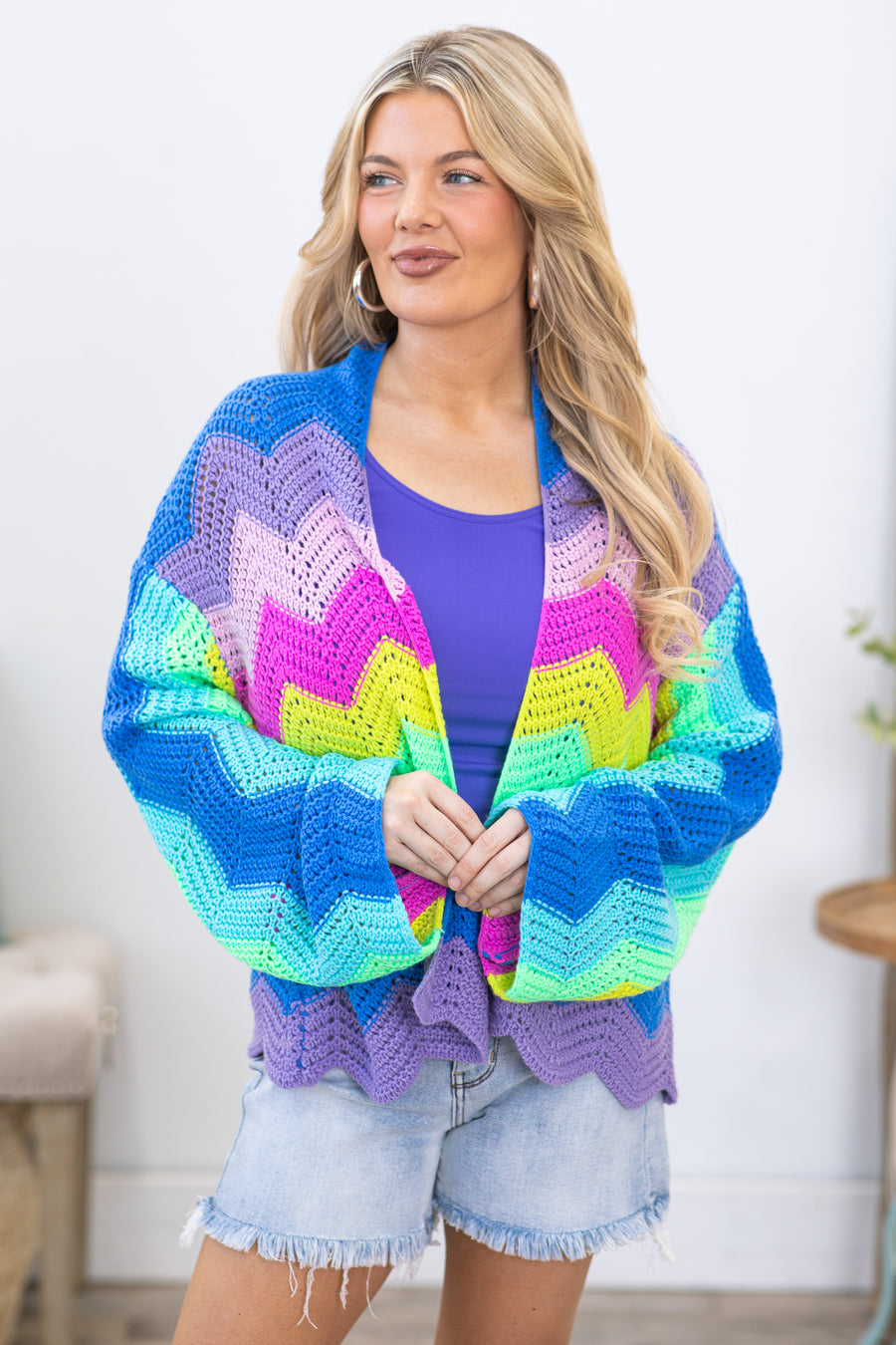 Fuchsia Multicolor Chevron Sweater Cardigan