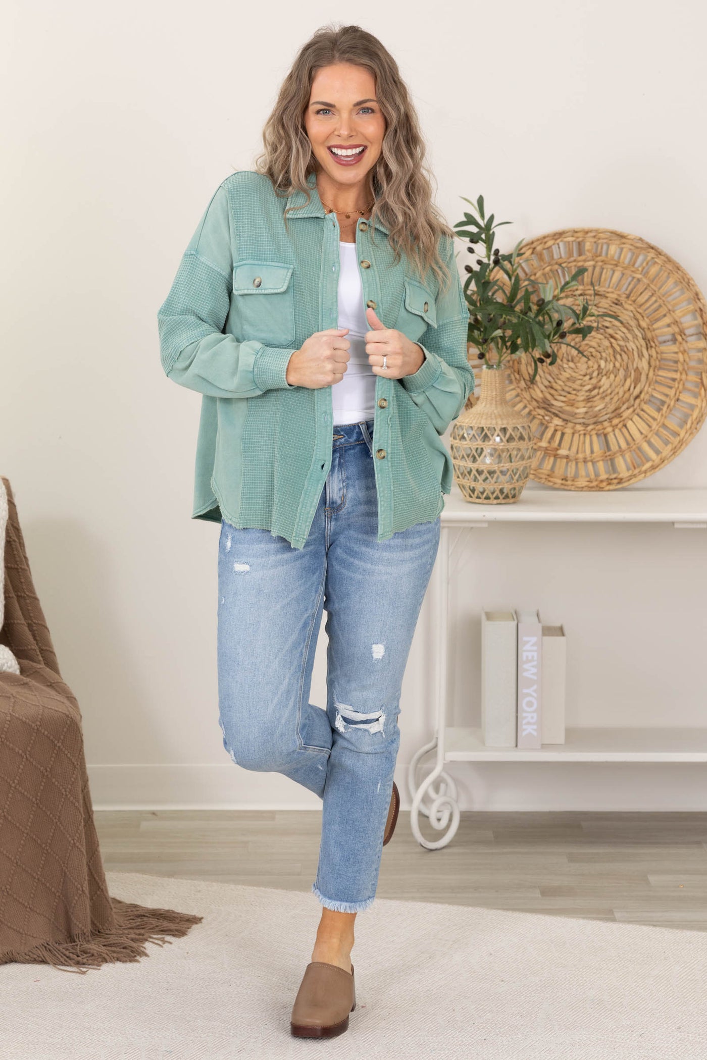 Garment Washed French Terry Waffle Shirt Jackets