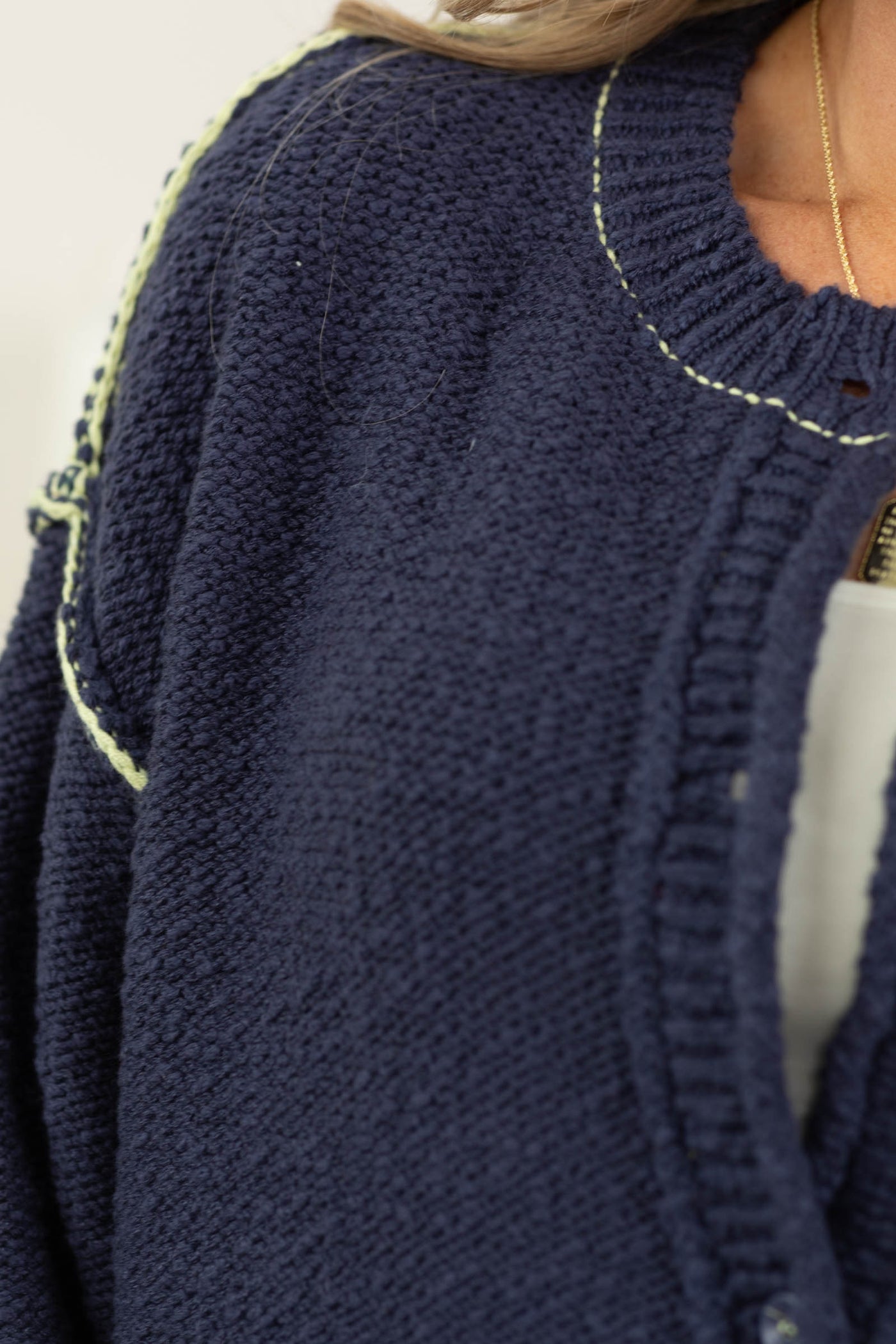 Cotierra Navy Contrast Stitch Cardigan Sweater- 100% Cotton