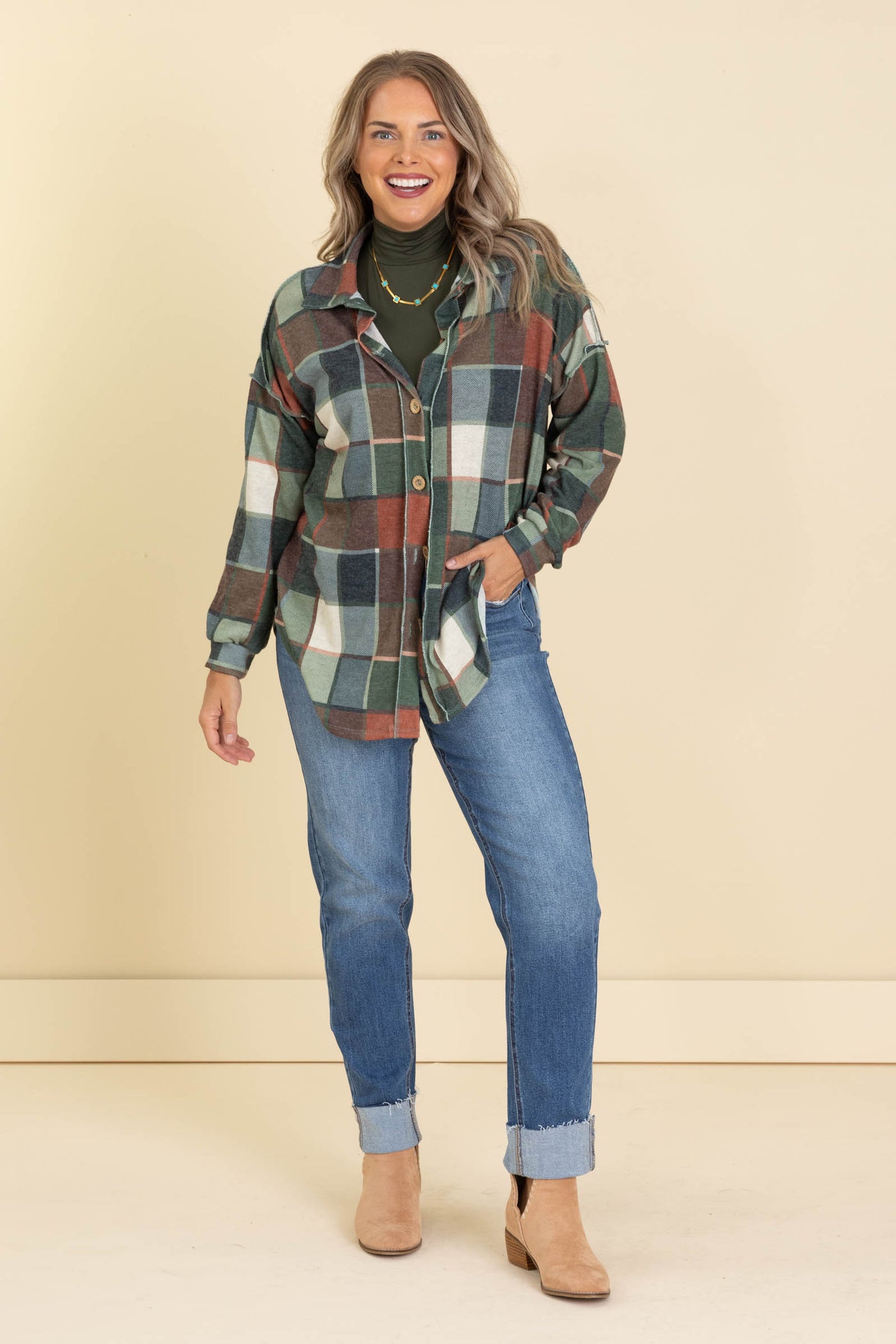 Olive and Orange Plaid Lightweight Shacket