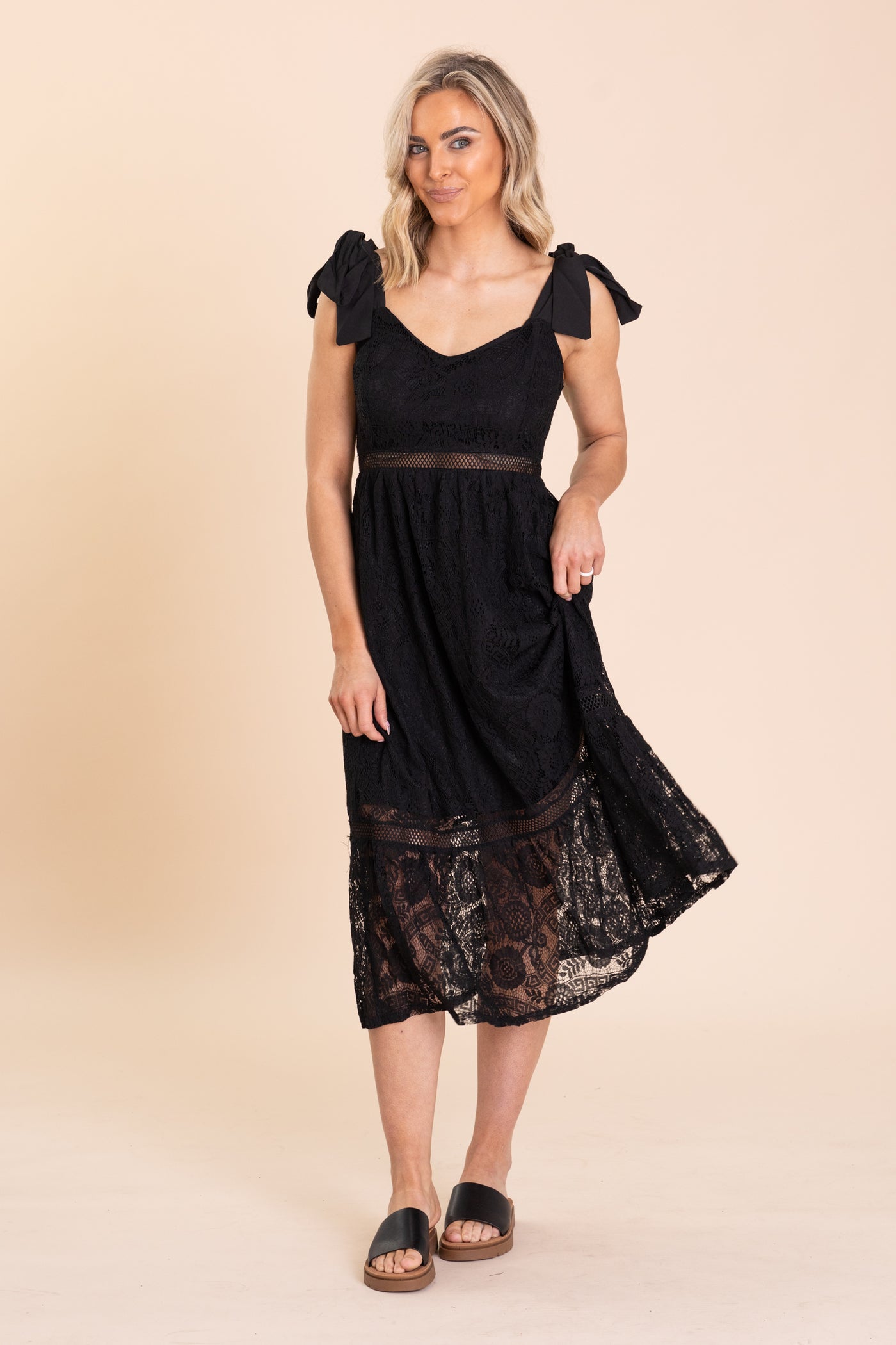 Black Lace Tie Strap Sheer Trim Midi Dress - S Black Lace Tie Strap Sheer Trim Midi Dress - S