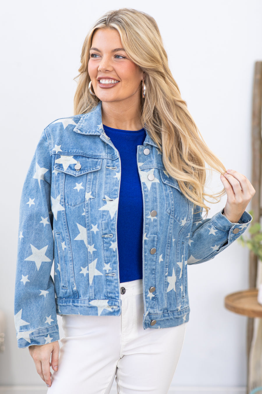 Medium Wash Star Print Denim Jacket