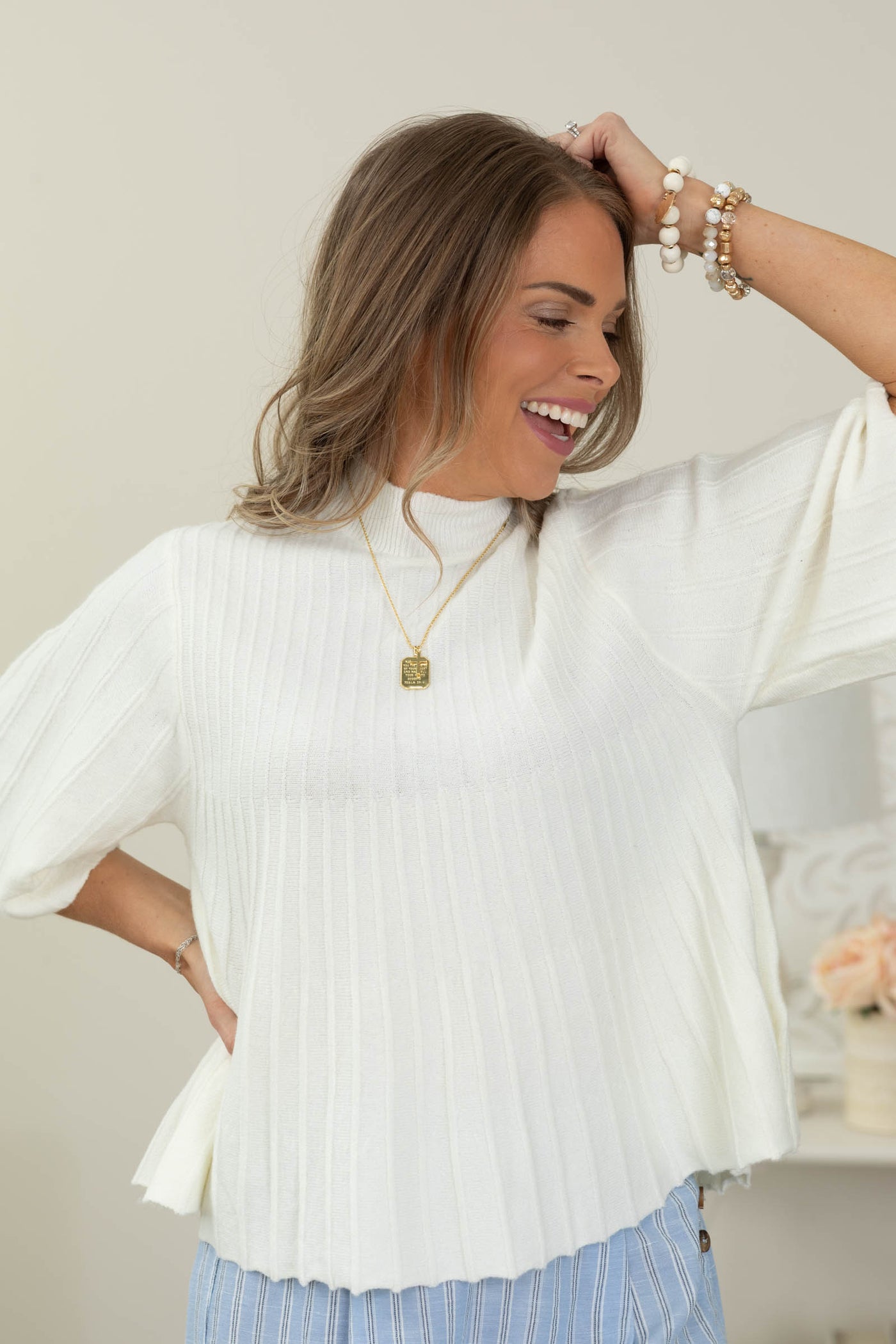Cotierra Short-Sleeve Mock Neck Swing Sweater Top