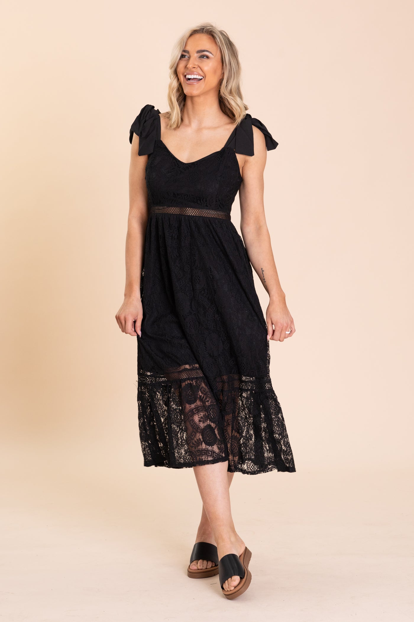 Black Lace Tie Strap Sheer Trim Midi Dress Filly Flair Black Lace Tie Strap Sheer Trim Midi Dress Filly Flair