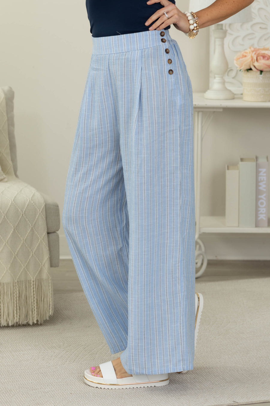 Cotierra Baby Blue Stripe Button Detail Pants