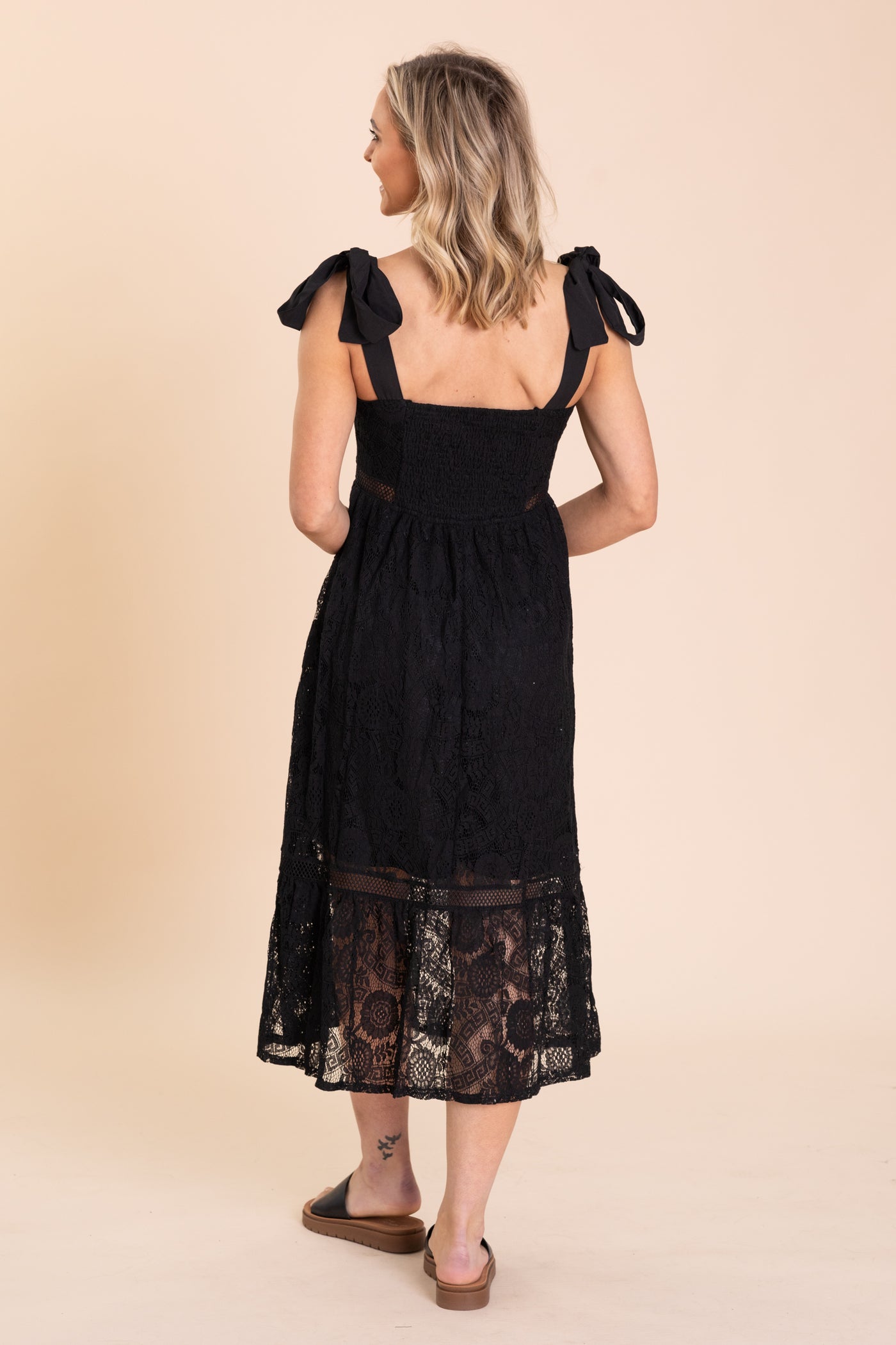 Black Lace Tie Strap Sheer Trim Midi Dress - S Black Lace Tie Strap Sheer Trim Midi Dress - S