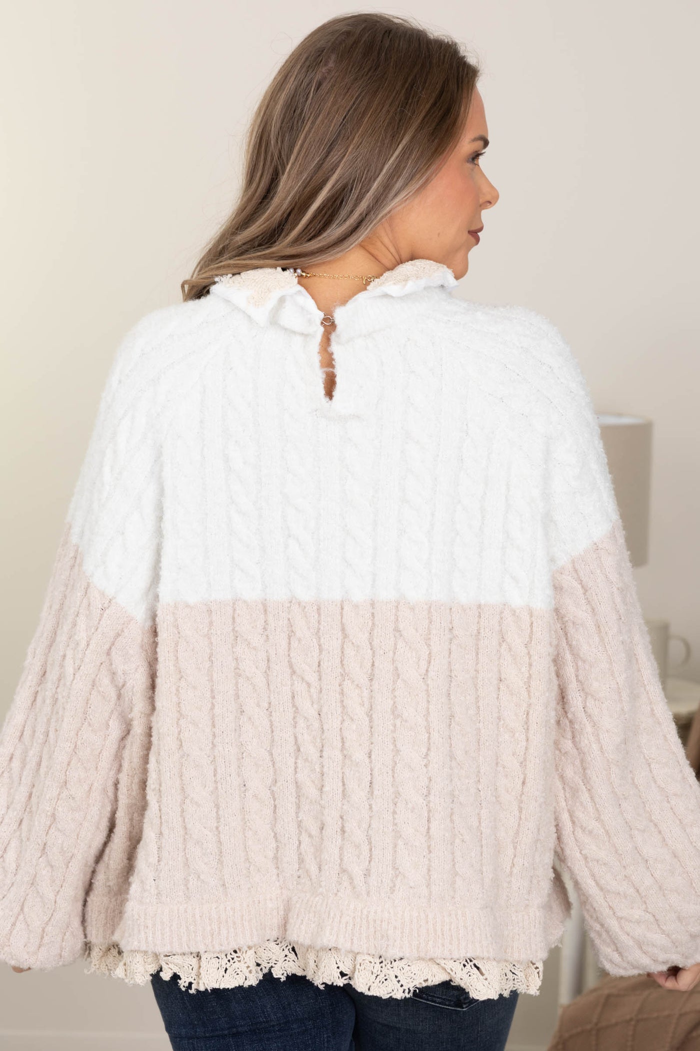 White And Beige Cable Knit Ruffle Hem Sweater