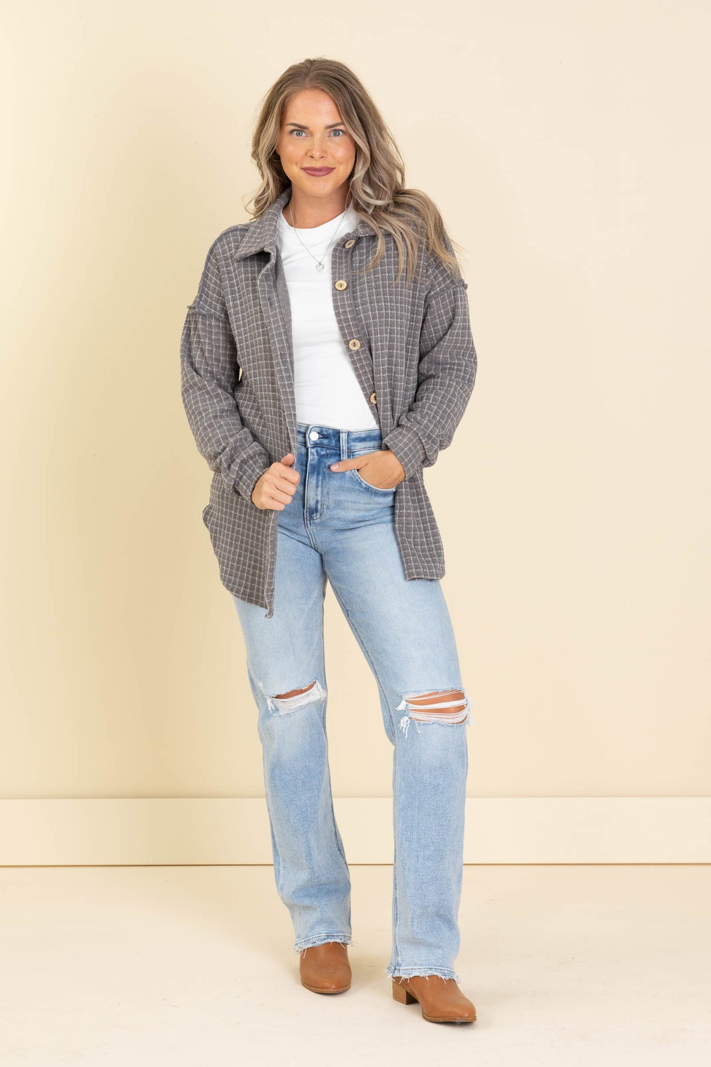 Grey Textured Check Lightweight Shacket