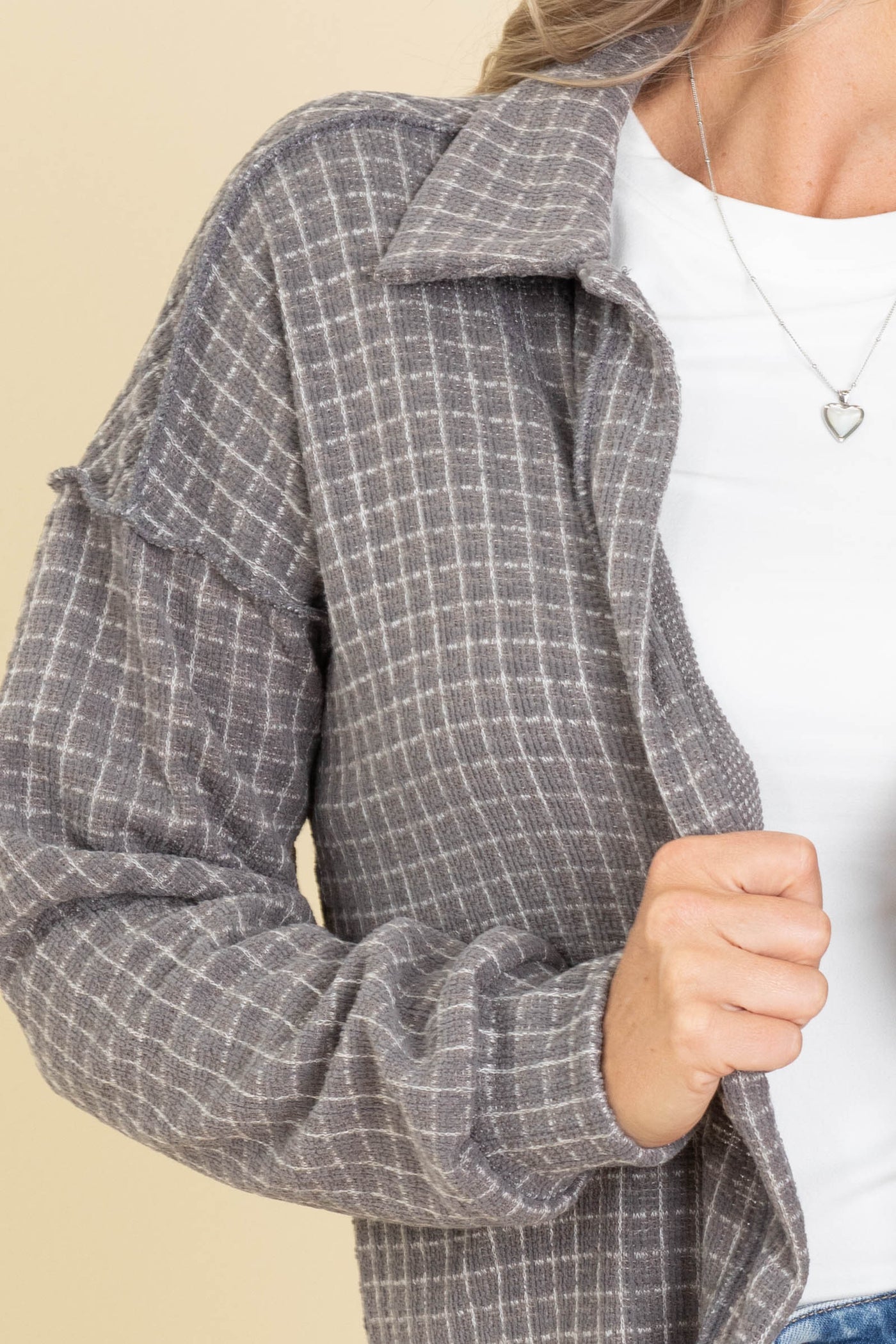 Grey Textured Check Lightweight Shacket