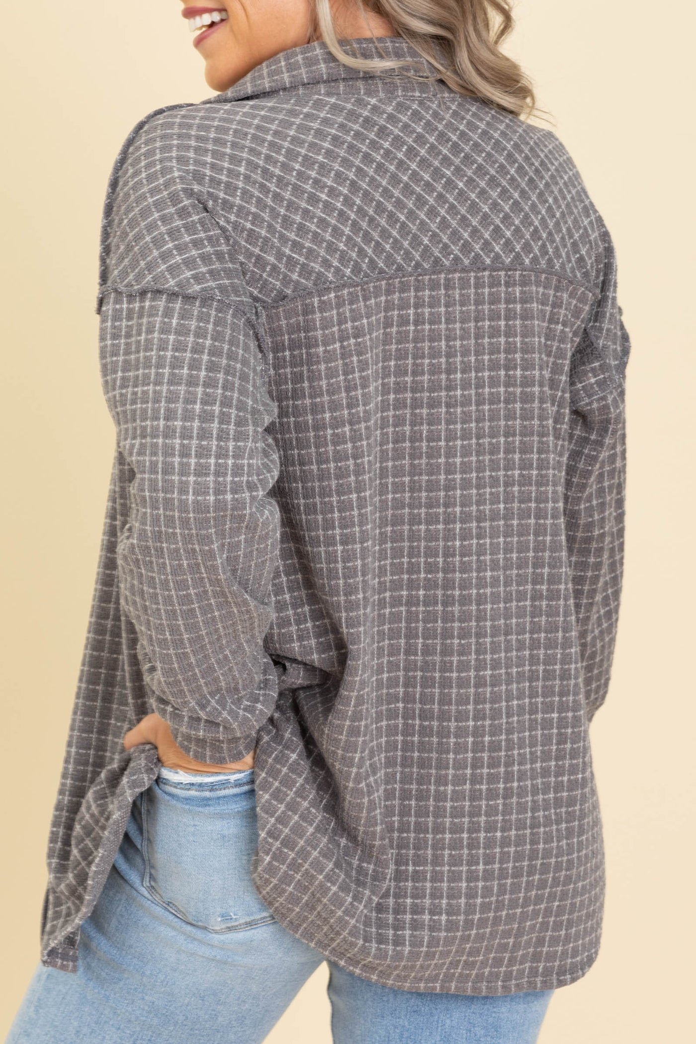 Grey Textured Check Lightweight Shacket