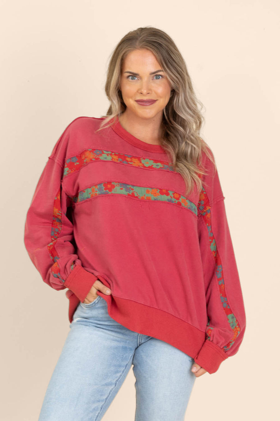 Red Mixed Print Reverse Seam Sweatshirt