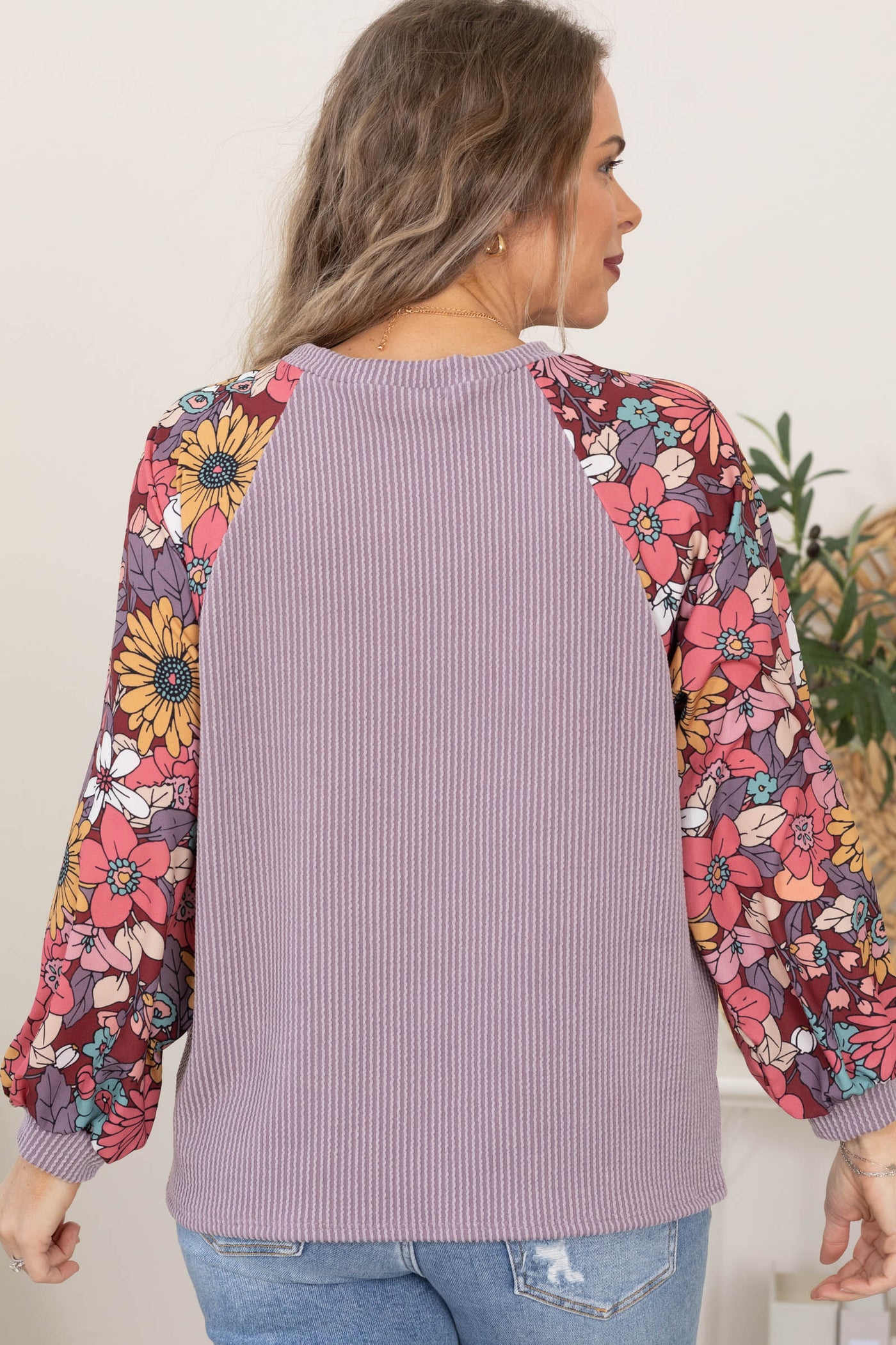 Ribbed Knit Tops With Floral Long Sleeves