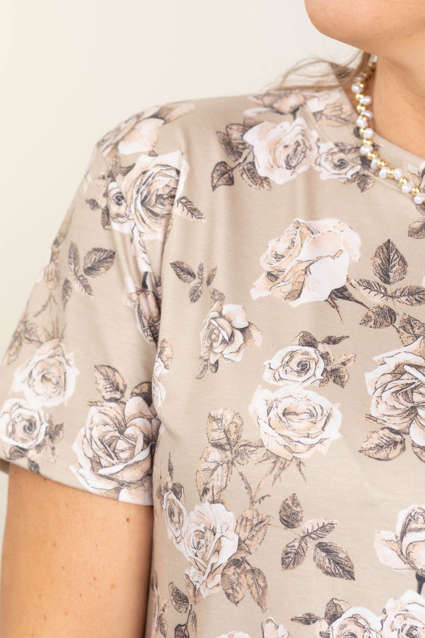 Khaki Floral Print Short Sleeve Knit Top