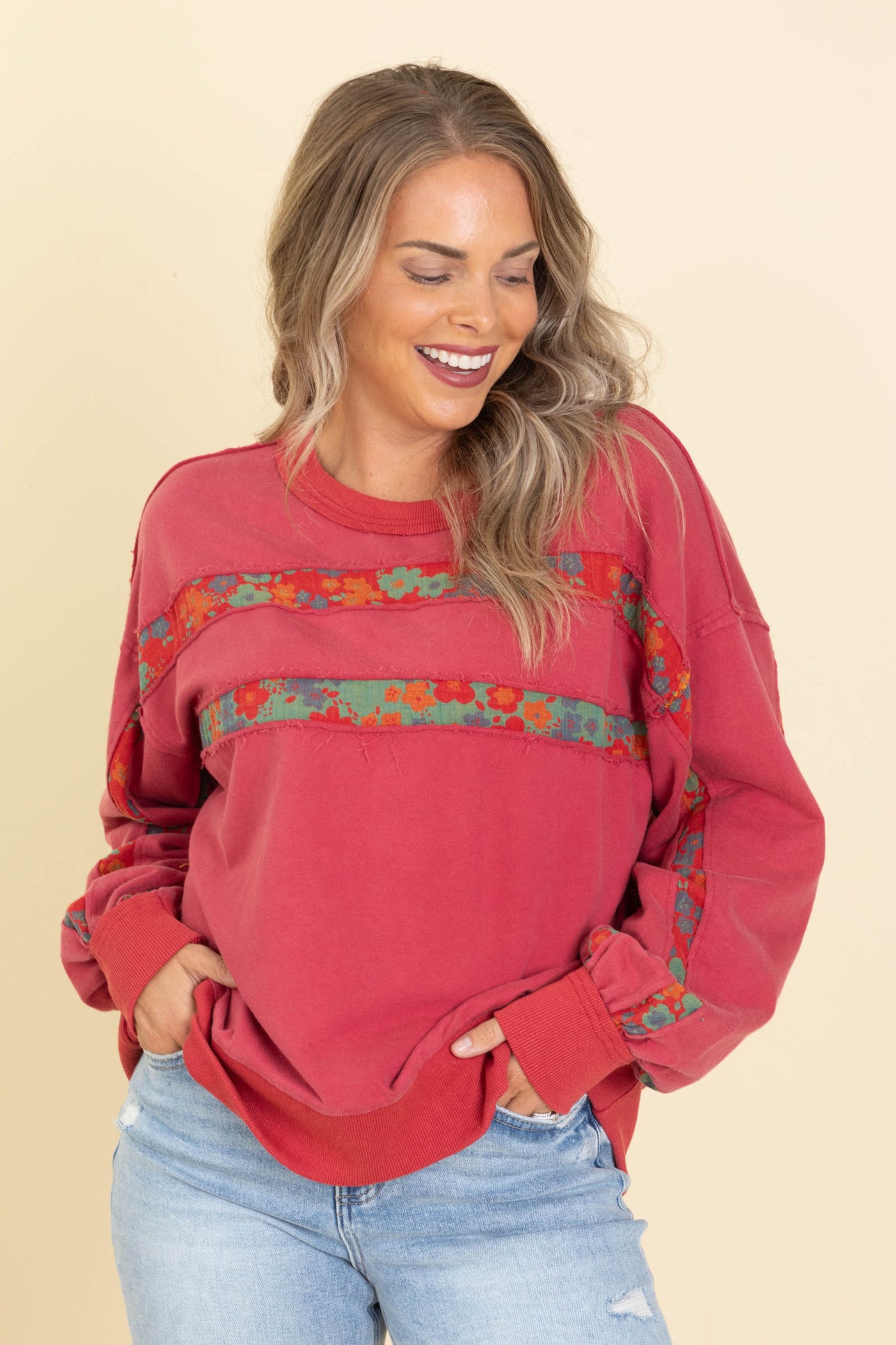 Red Mixed Print Reverse Seam Sweatshirt