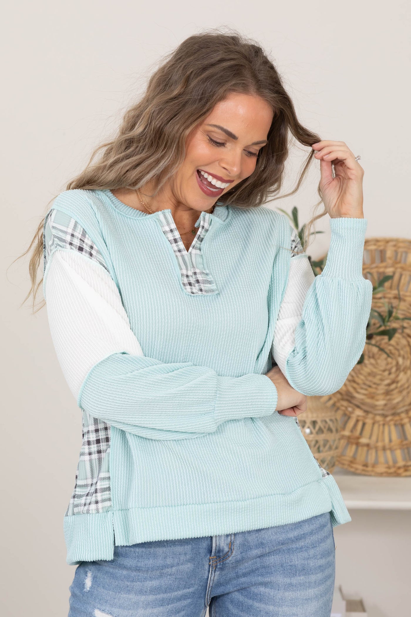 Plaid Detail Knit Ribbed Tops