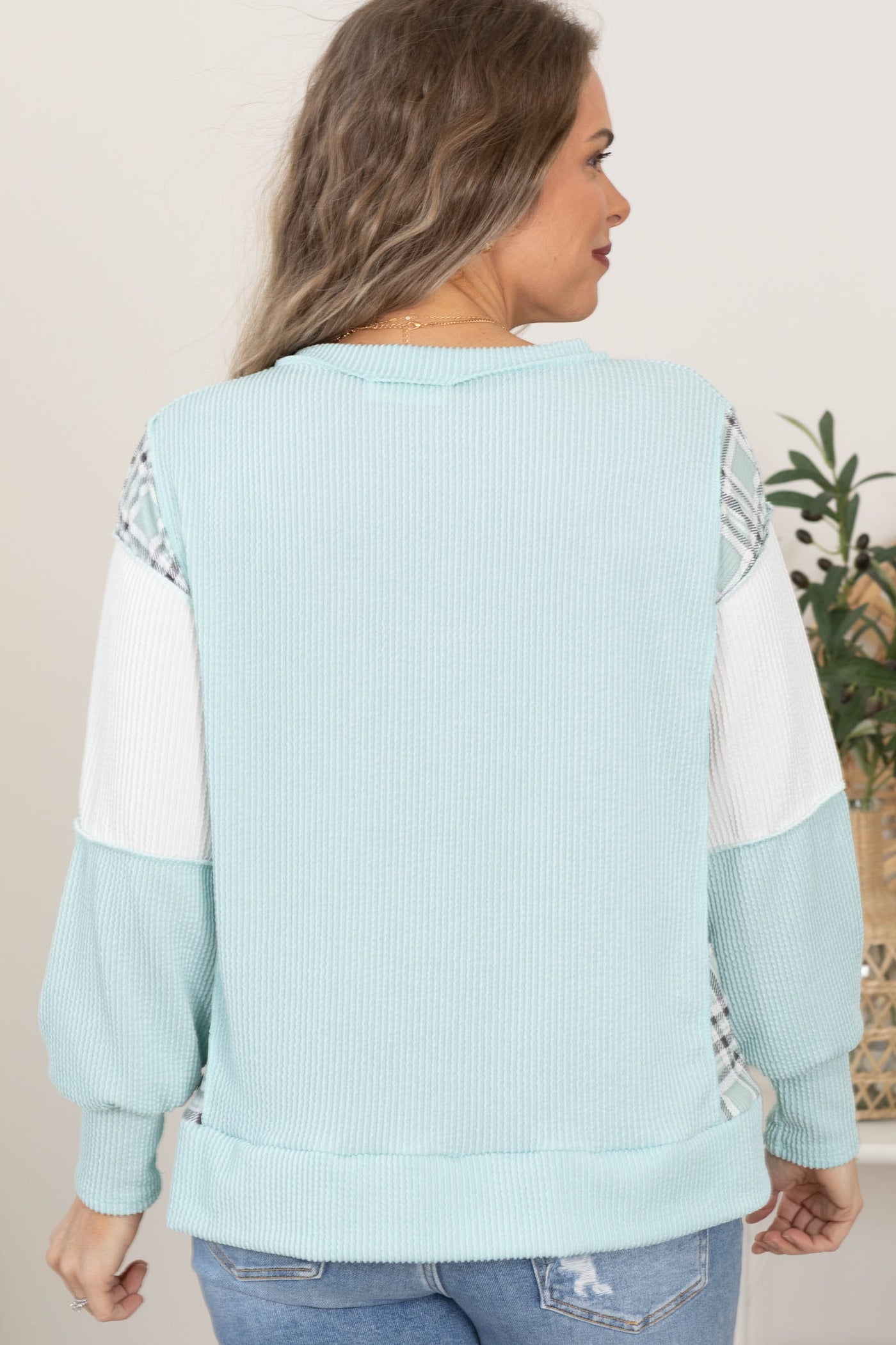 Plaid Detail Knit Ribbed Tops