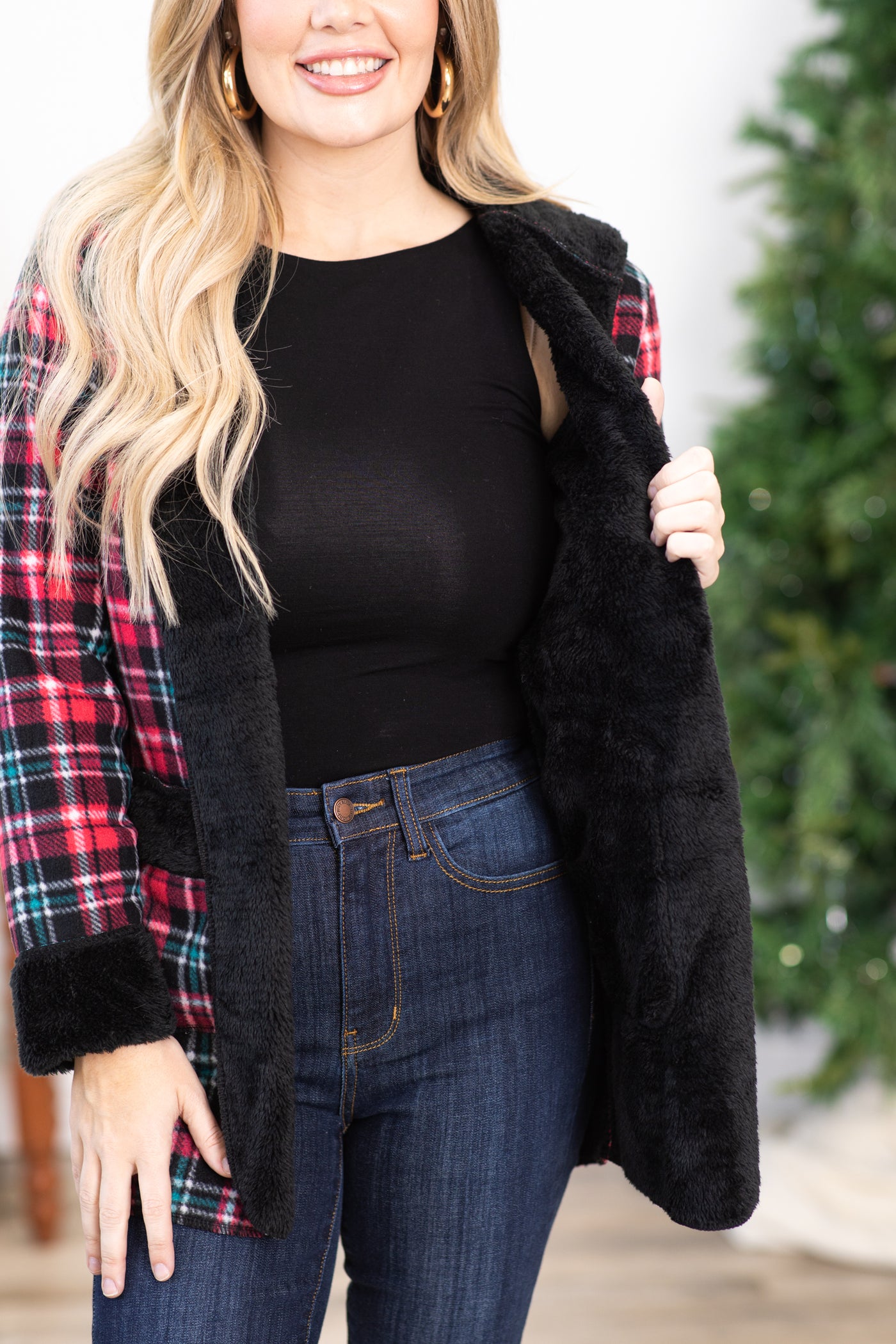 Red and Teal Plaid Faux Fur Lined Jacket