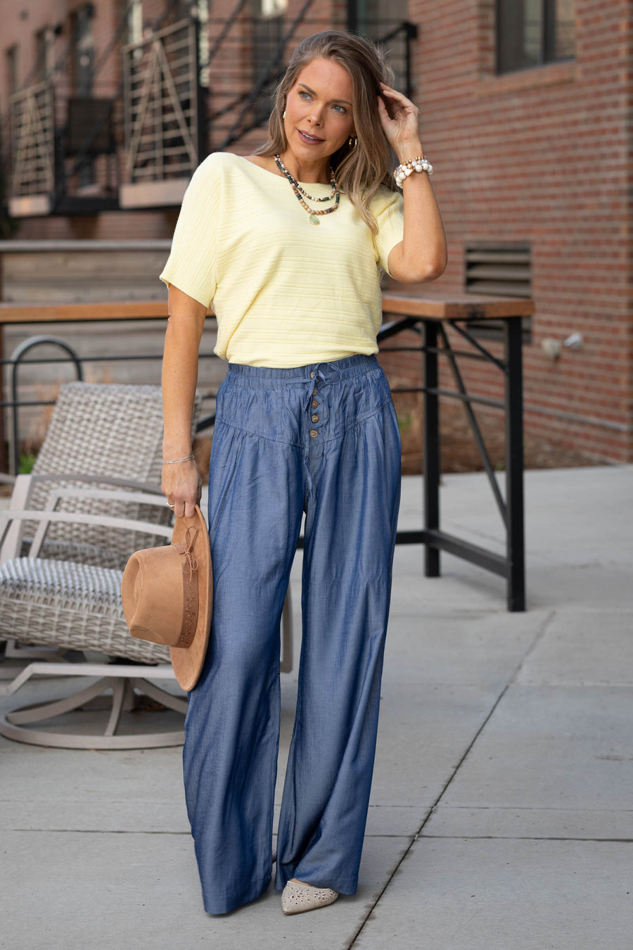 Dark Chambray Elastic Waist Wide Leg Pants