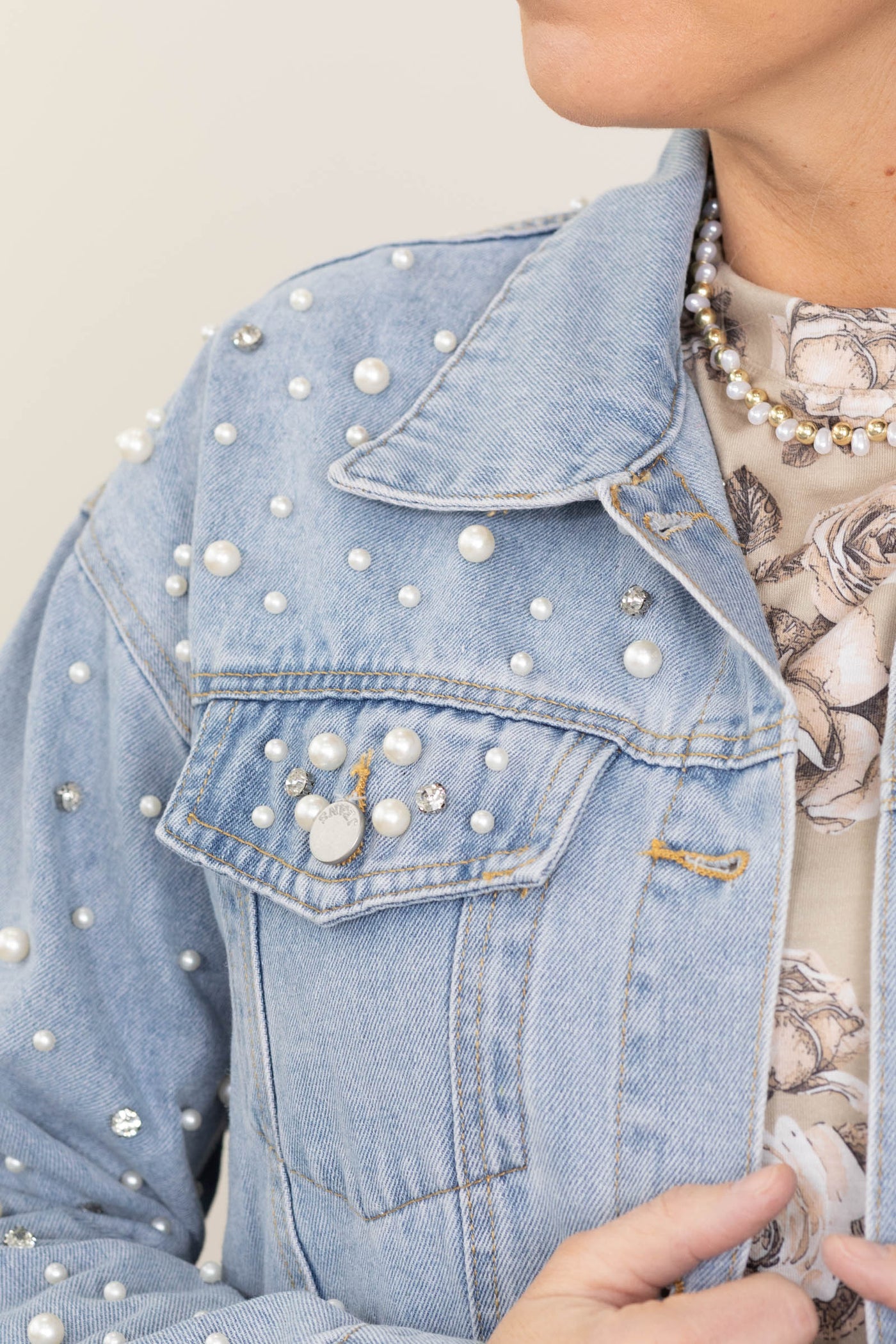 Pearl Rhinestone Button Denim Jacket