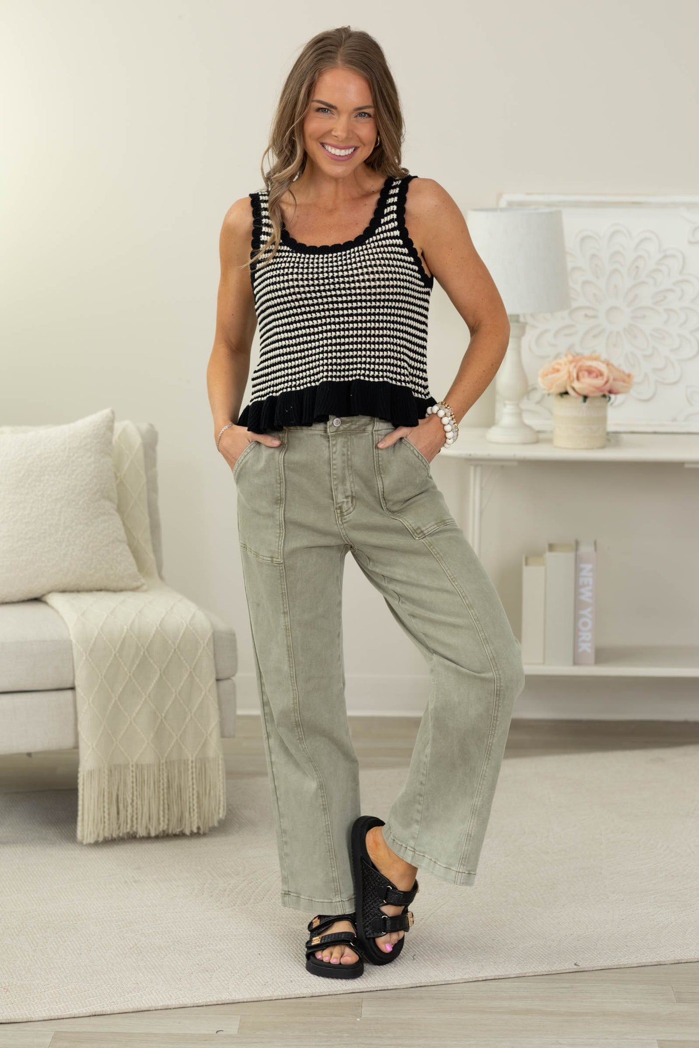 Straight Leg Utility Pocket Color Denim Pants