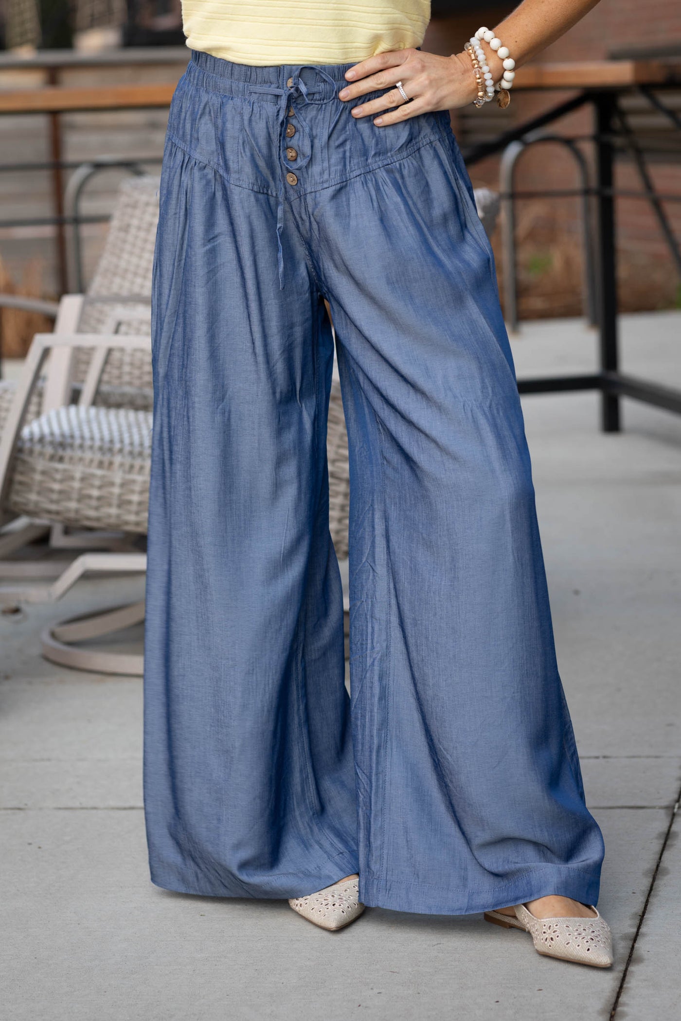 Dark Chambray Elastic Waist Wide Leg Pants