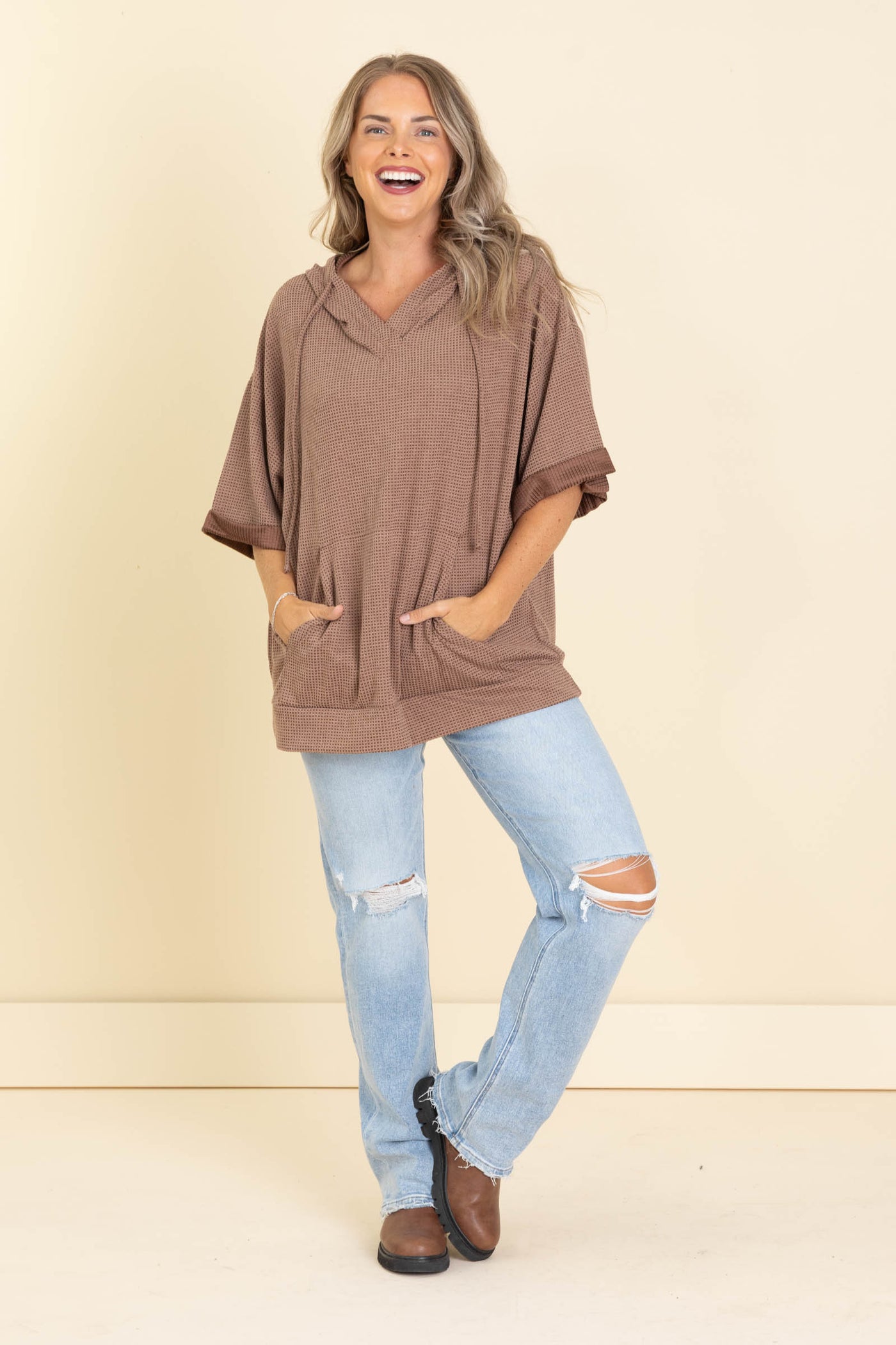 Oversized Waffle Knit Hoodie Tops