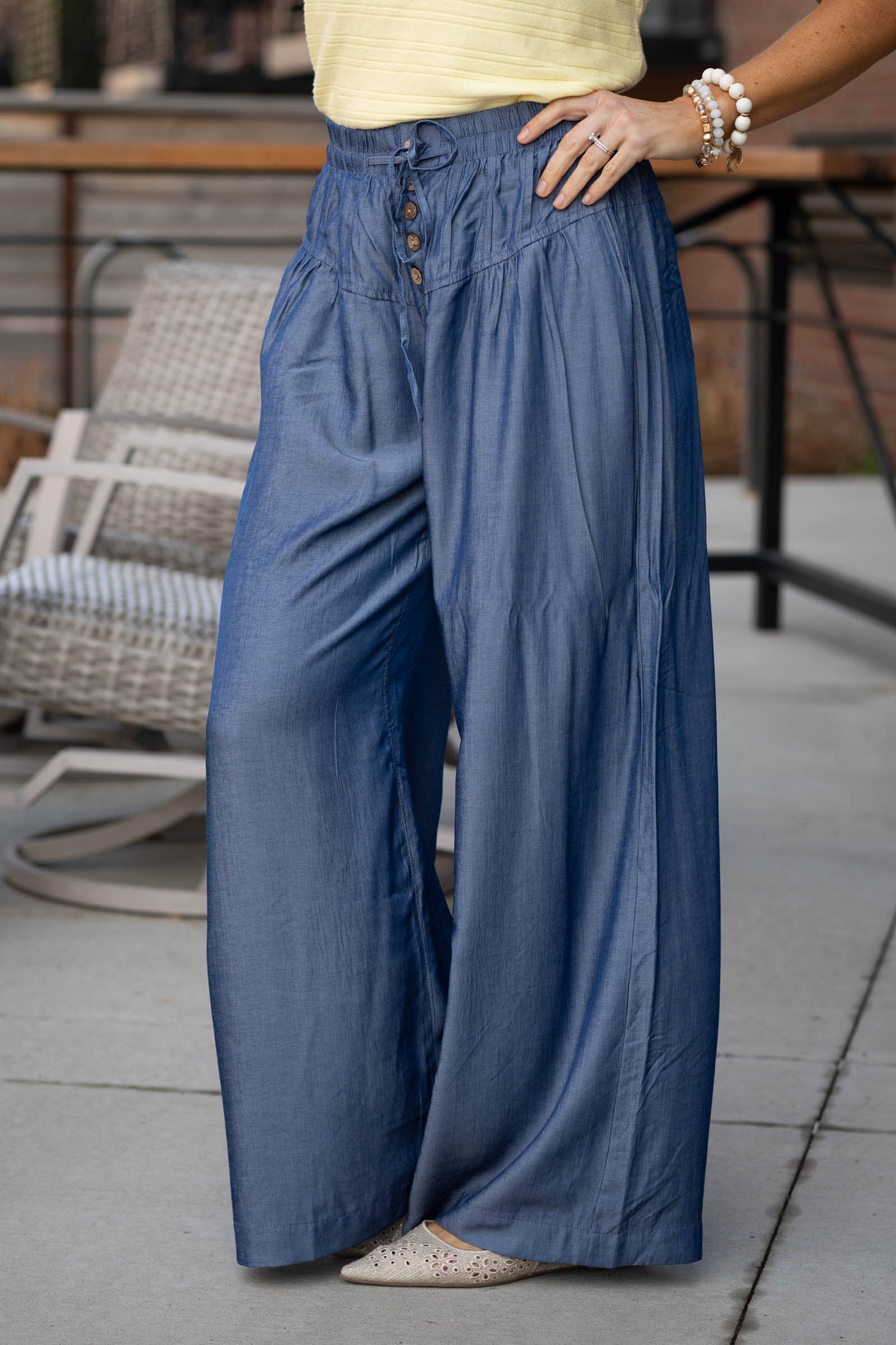Dark Chambray Elastic Waist Wide Leg Pants