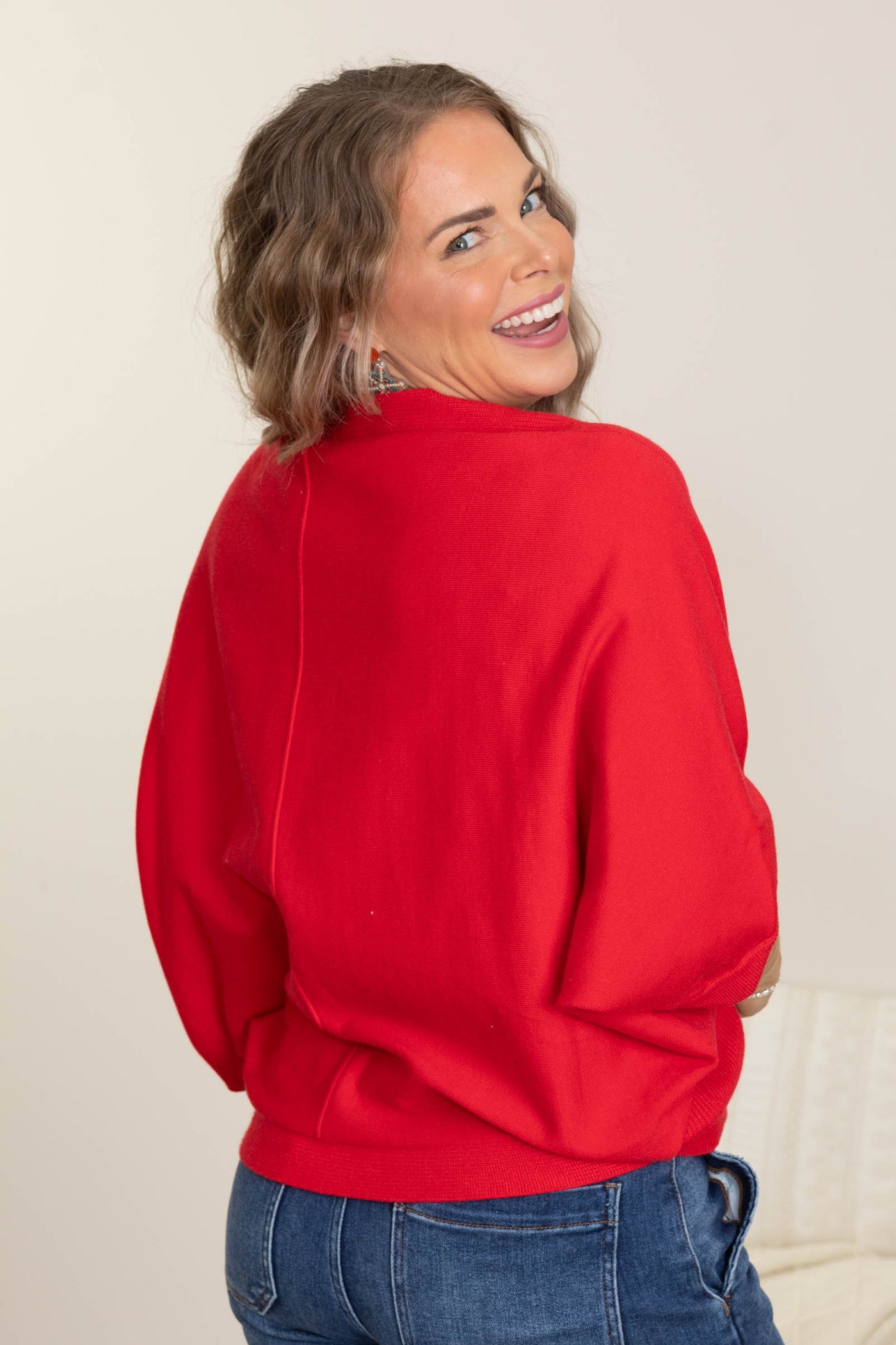Red Viscose V-Neck Dolman Sweater