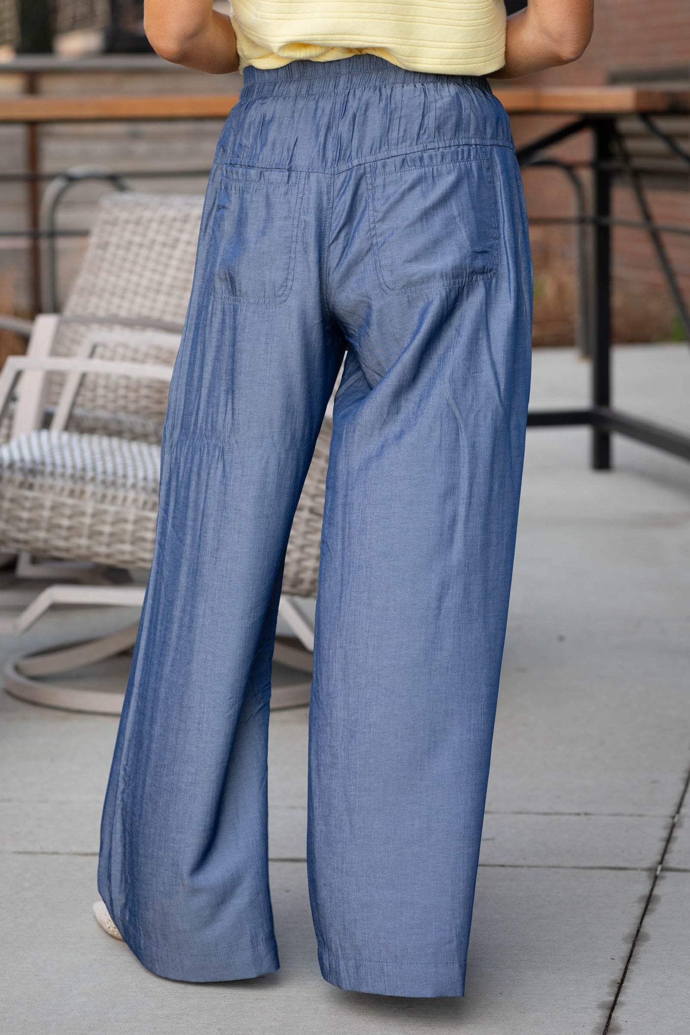 Dark Chambray Elastic Waist Wide Leg Pants