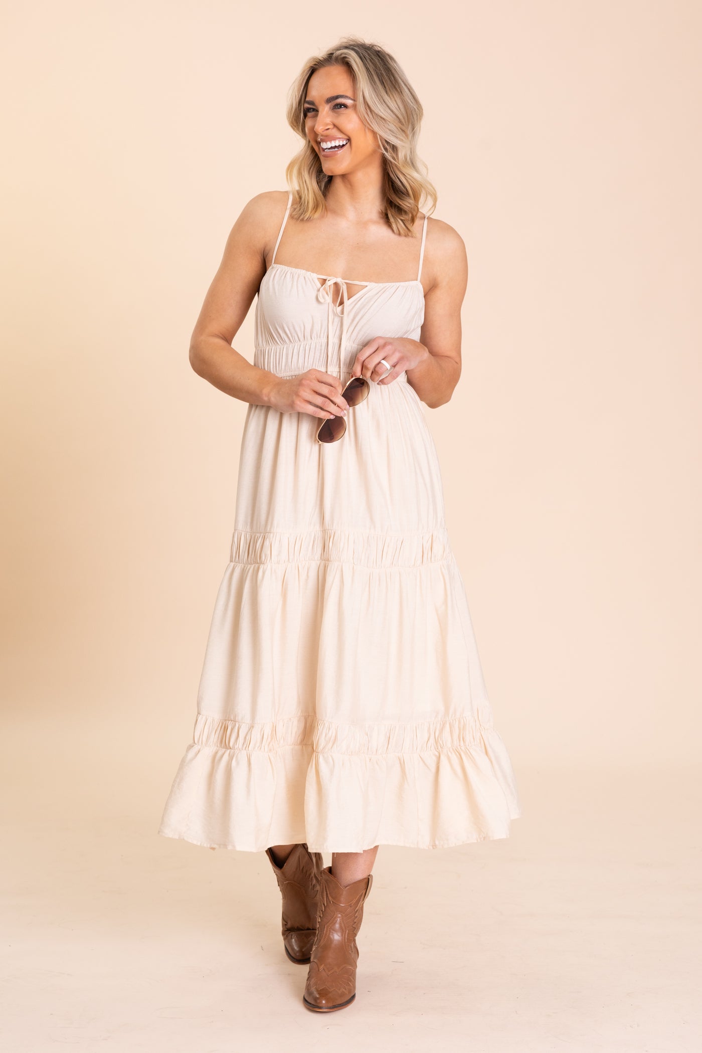 Beige Shirred Front Tie Tiered Midi Dress - S Beige Shirred Front Tie Tiered Midi Dress - S