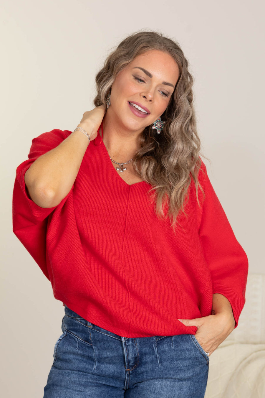 Red Viscose V-Neck Dolman Sweater