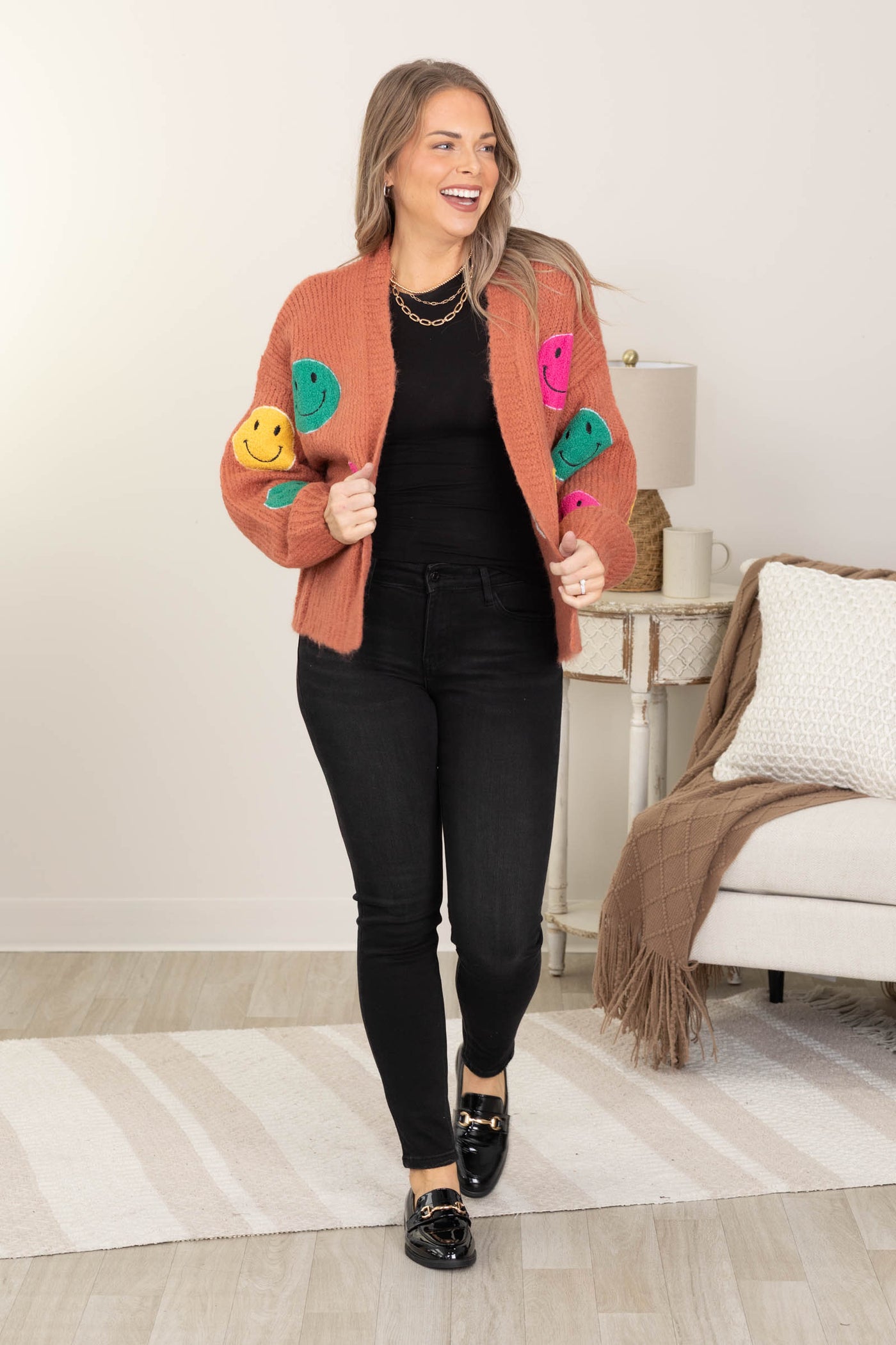 Orange Smile Patches Bell Sleeve Cardigan