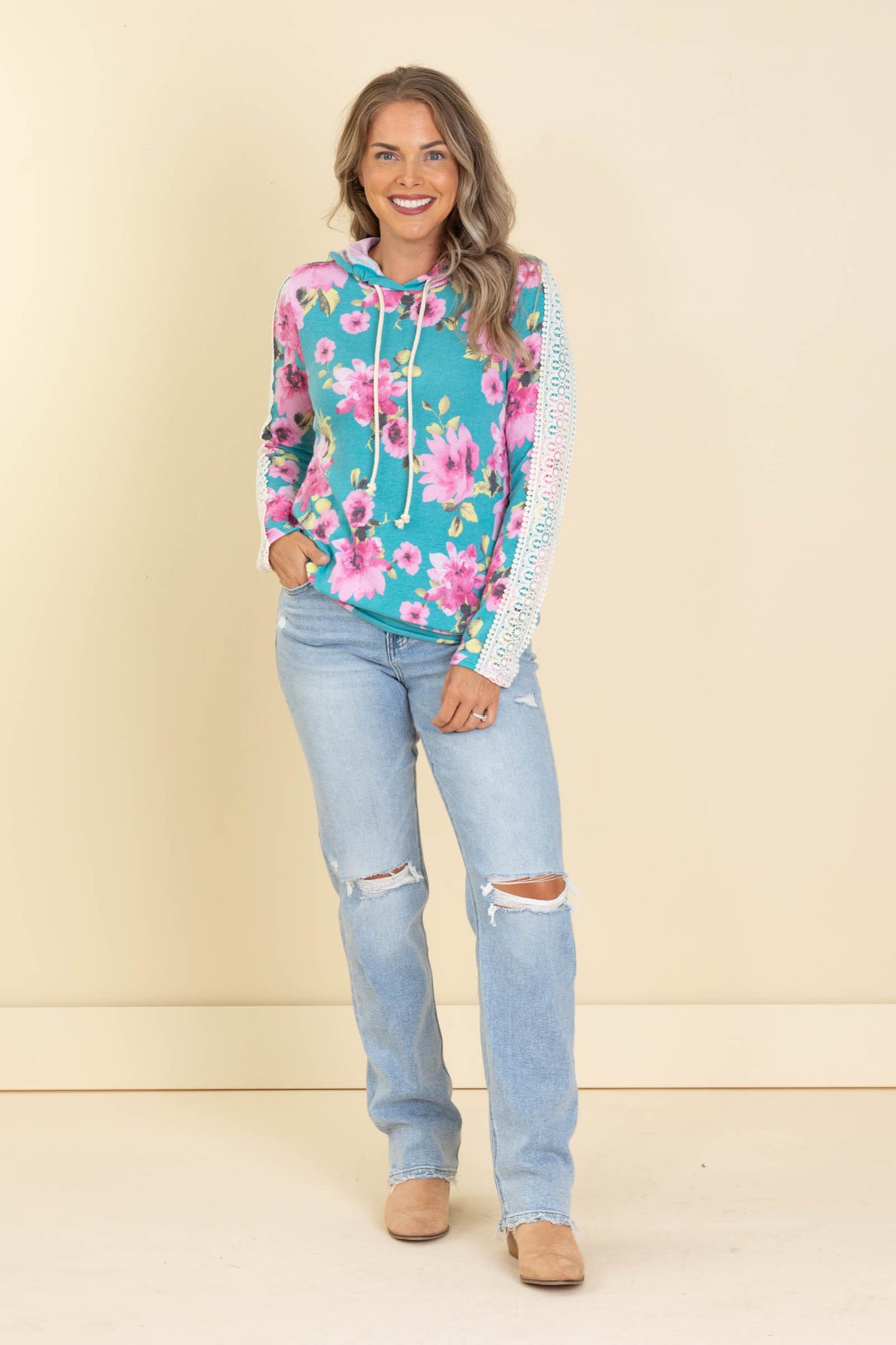 Turquoise Floral Hoodie Knit Top