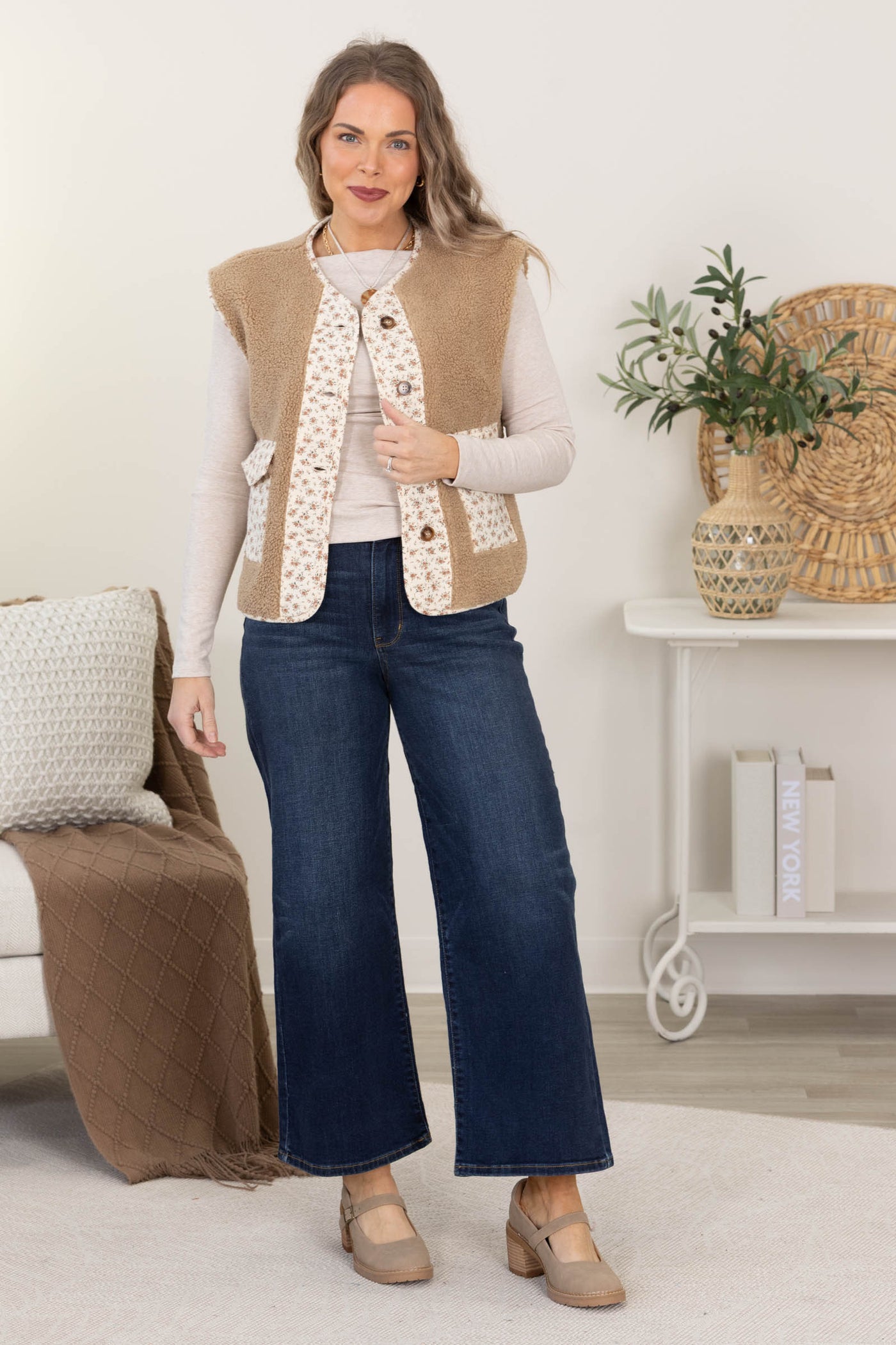 Taupe Fleece Floral Detail Vest With Pockets