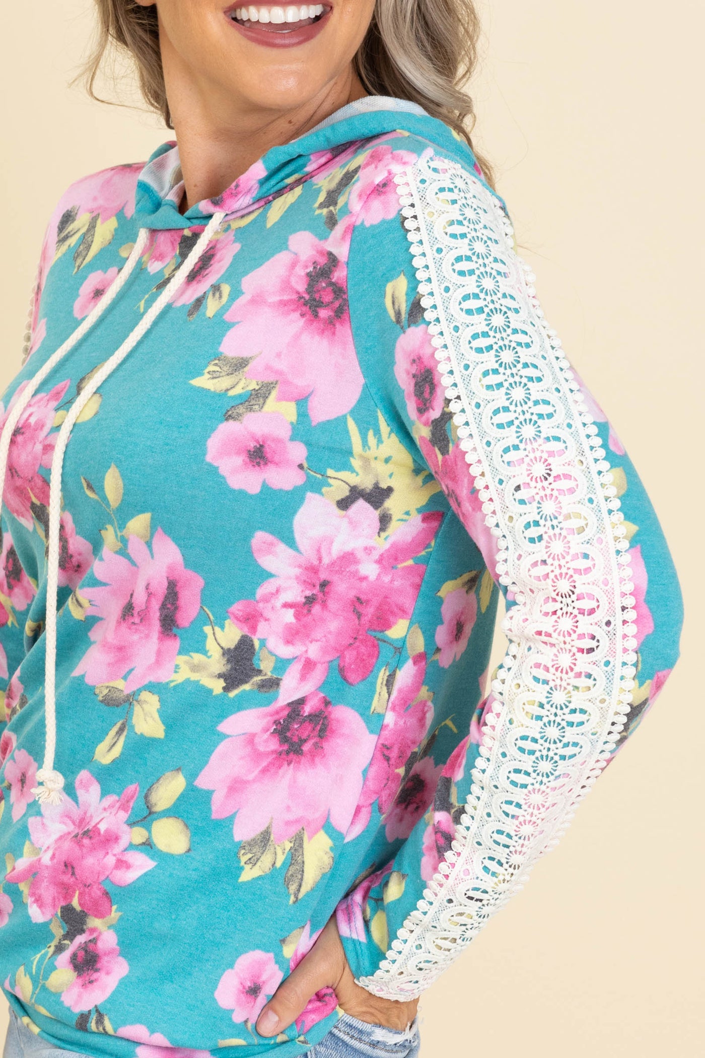 Turquoise Floral Hoodie Knit Top