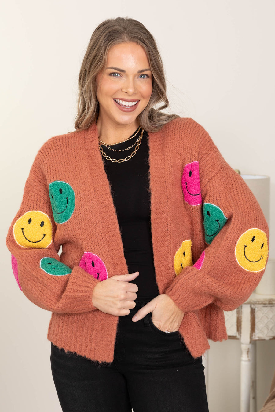 Orange Smile Patches Bell Sleeve Cardigan