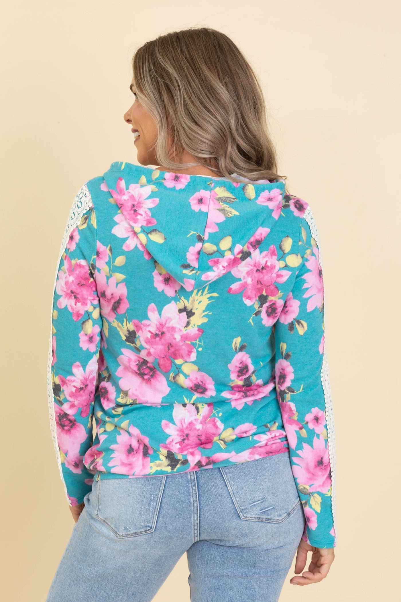 Turquoise Floral Hoodie Knit Top