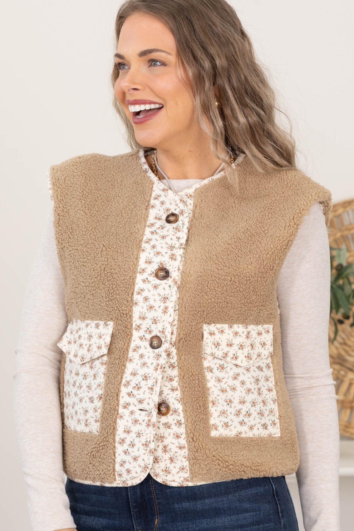 Taupe Fleece Floral Detail Vest With Pockets