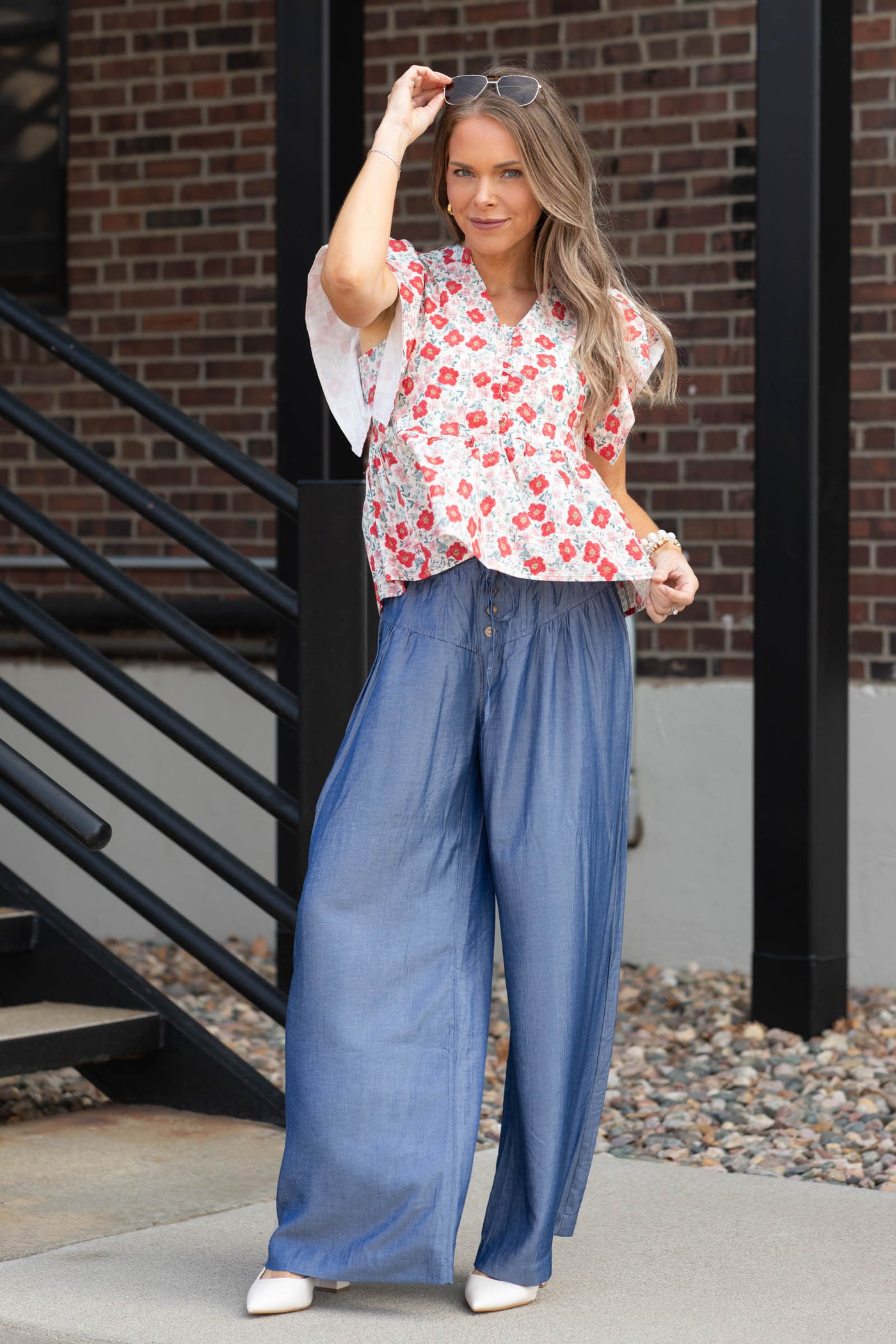 Red Floral Stitch Detailed Button Woven Top- 100% Cotton