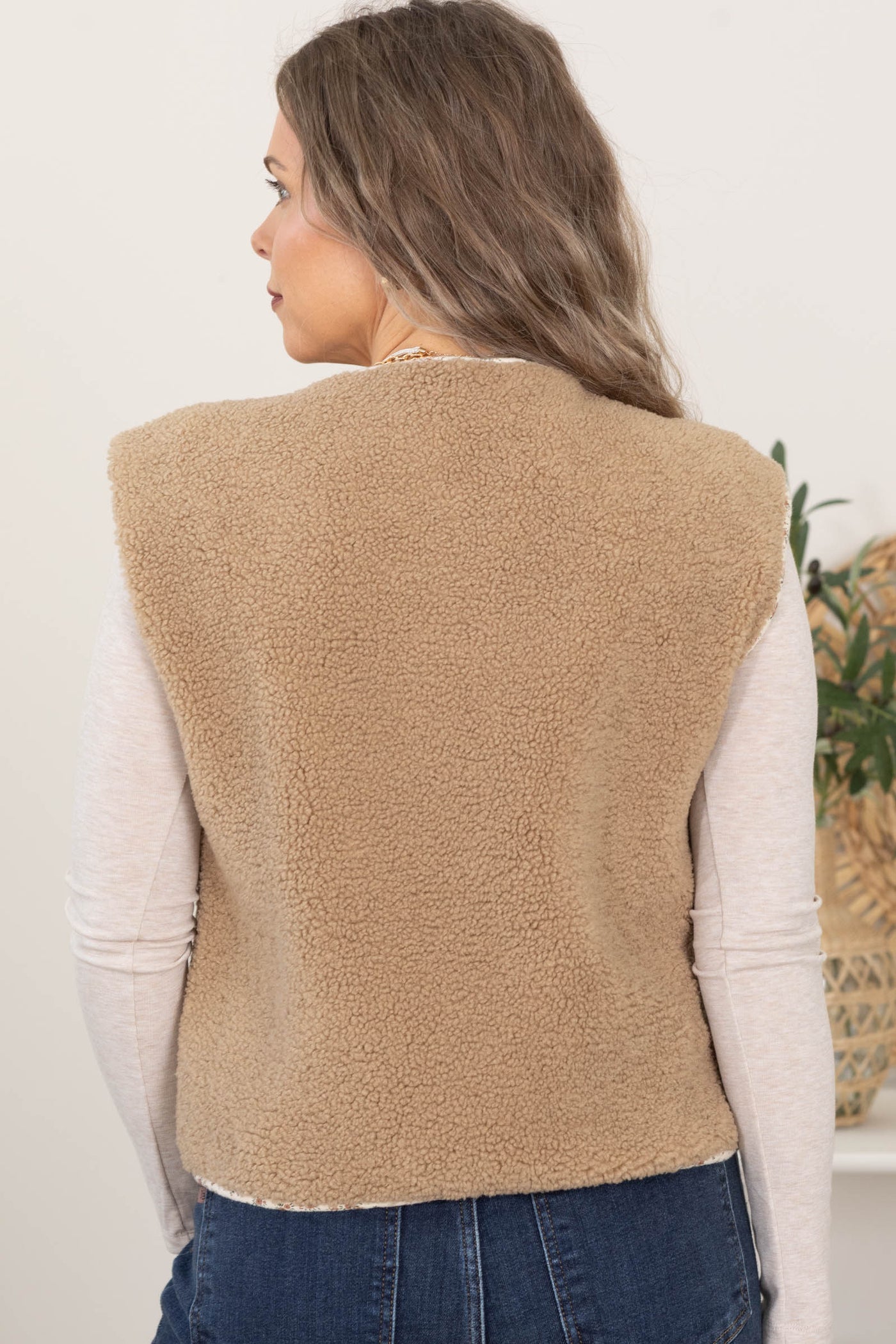 Taupe Fleece Floral Detail Vest With Pockets