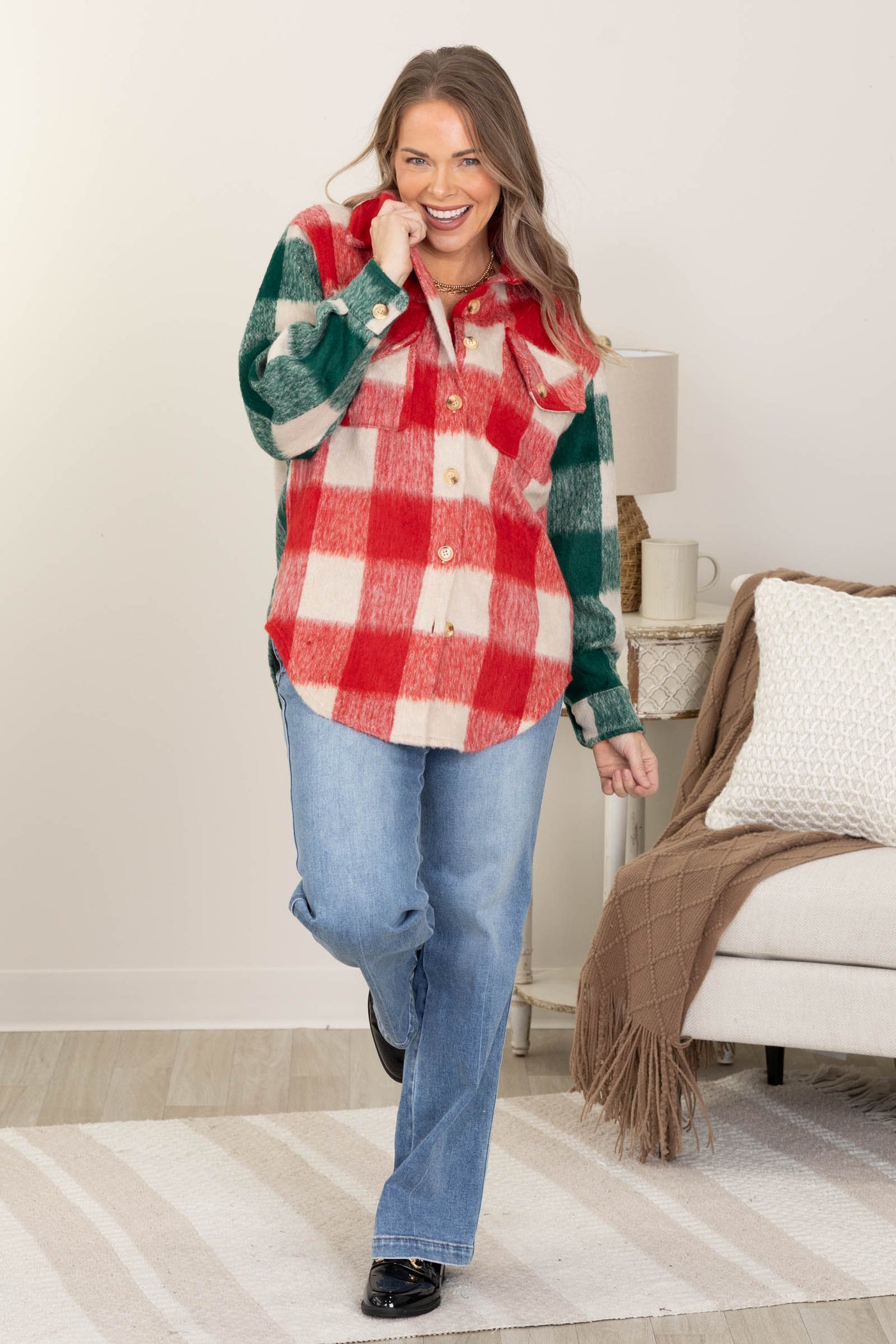 Red Multi Plaid Chest Pocket Shacket