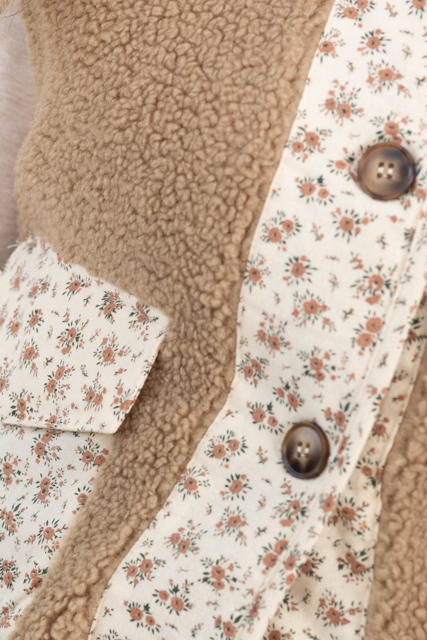 Taupe Fleece Floral Detail Vest With Pockets