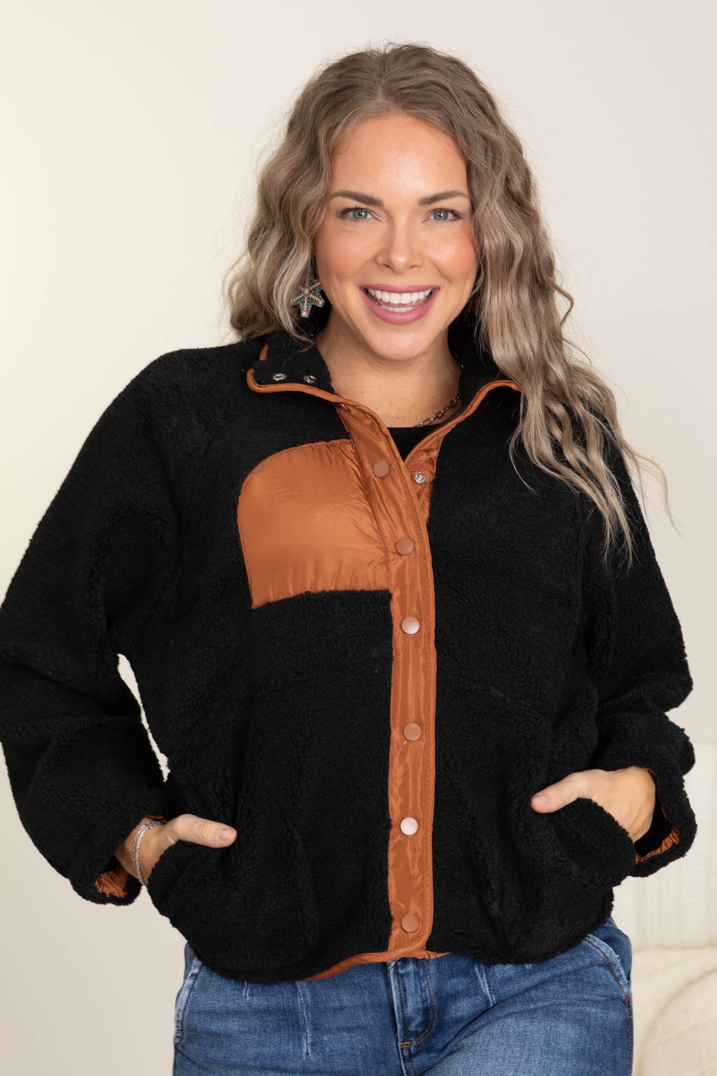 Black Snap Button Down Fleece Jacket