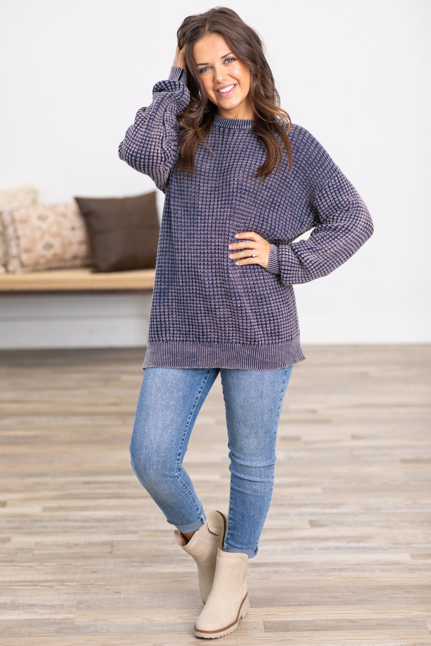 Navy Mineral Wash Waffle Knit Sweater