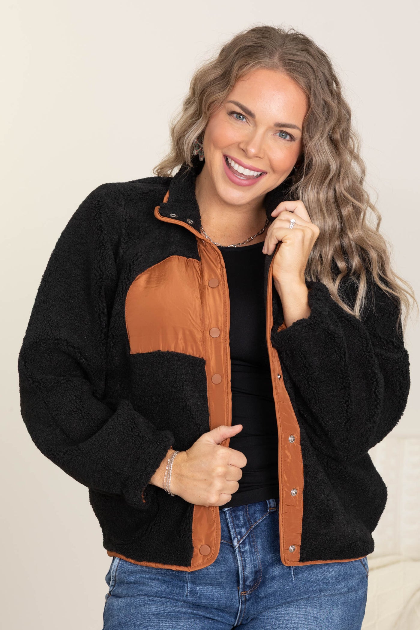 Black Snap Button Down Fleece Jacket