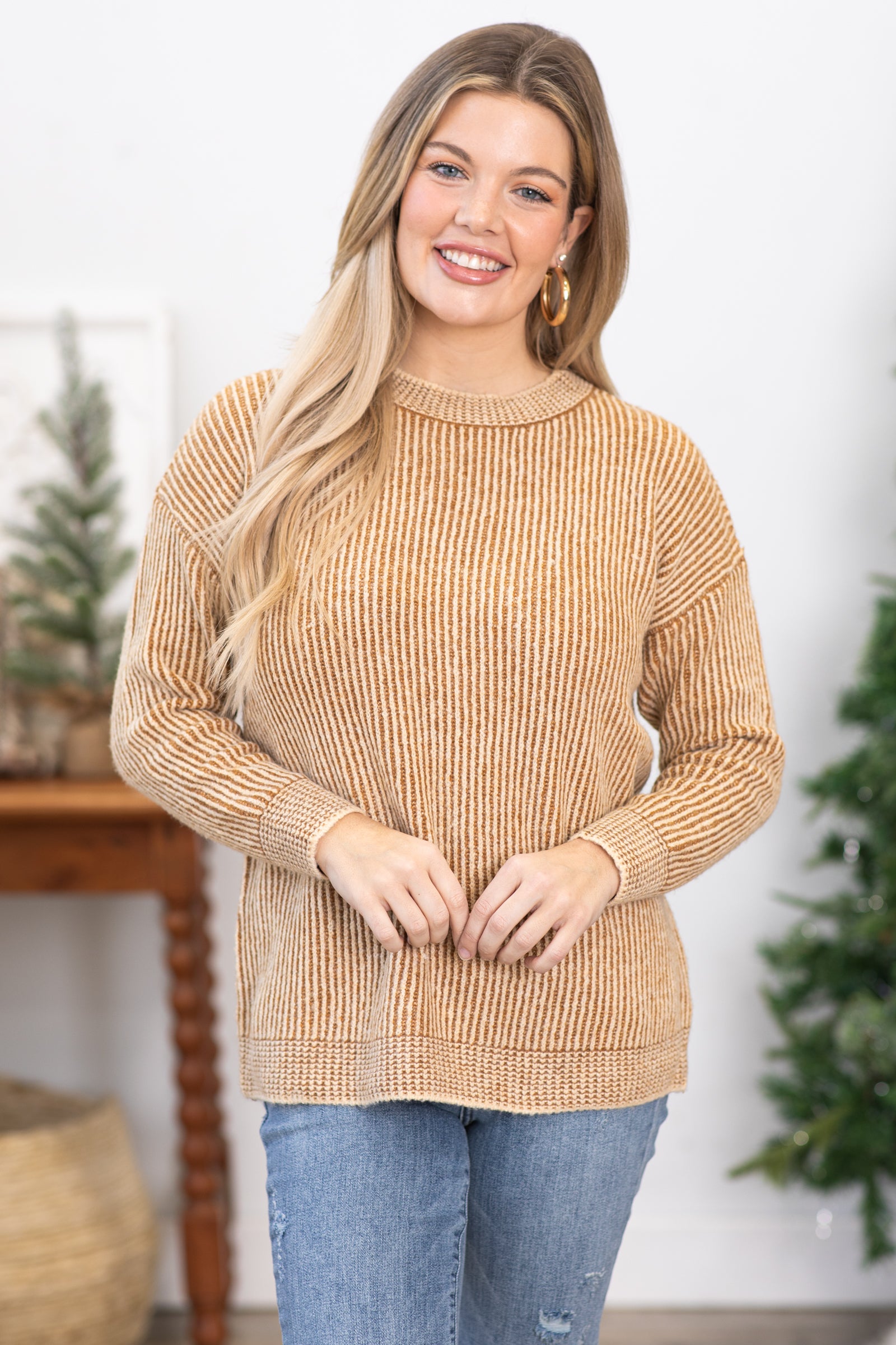 Camel Two Tone Ribbed Sweater