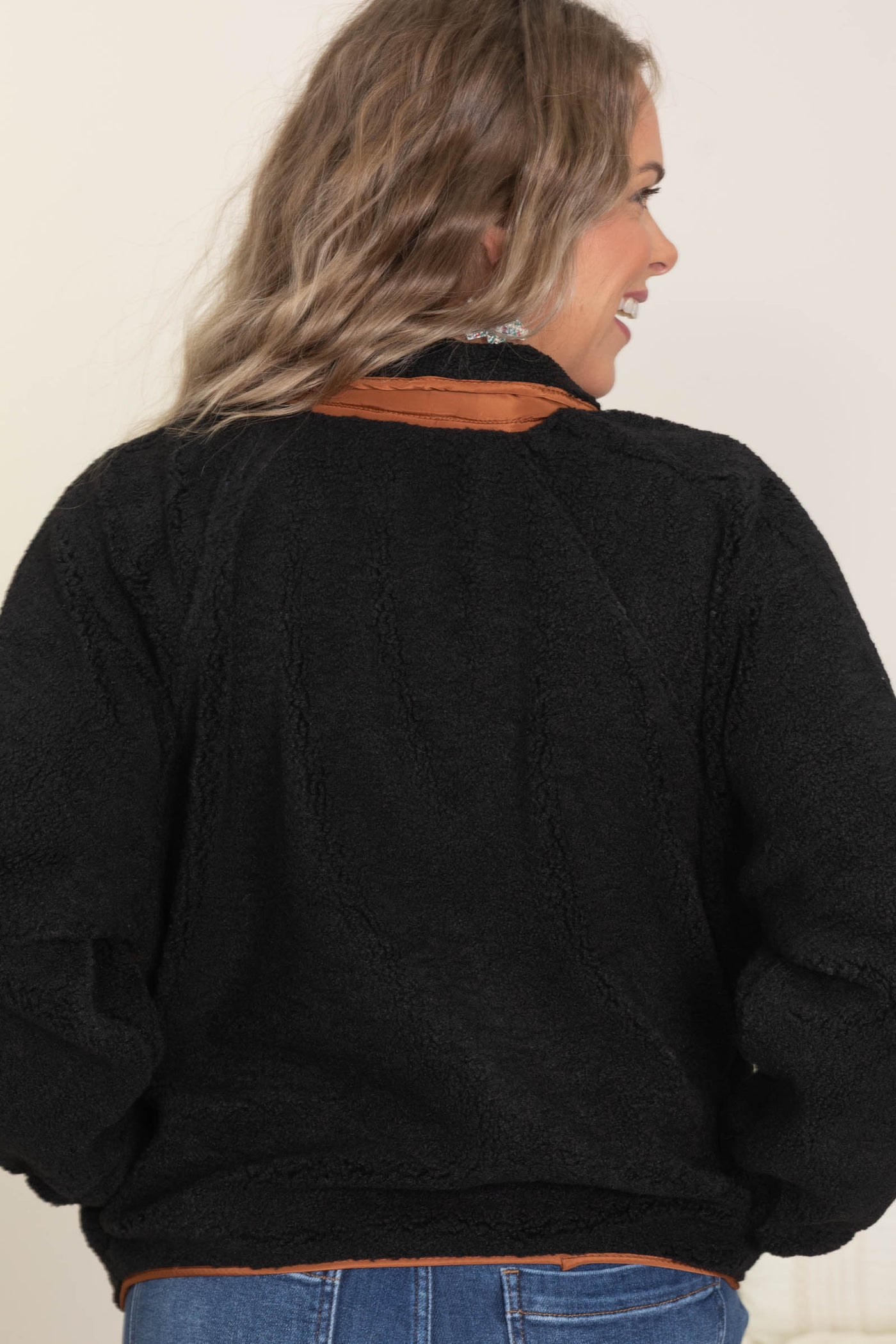 Black Snap Button Down Fleece Jacket