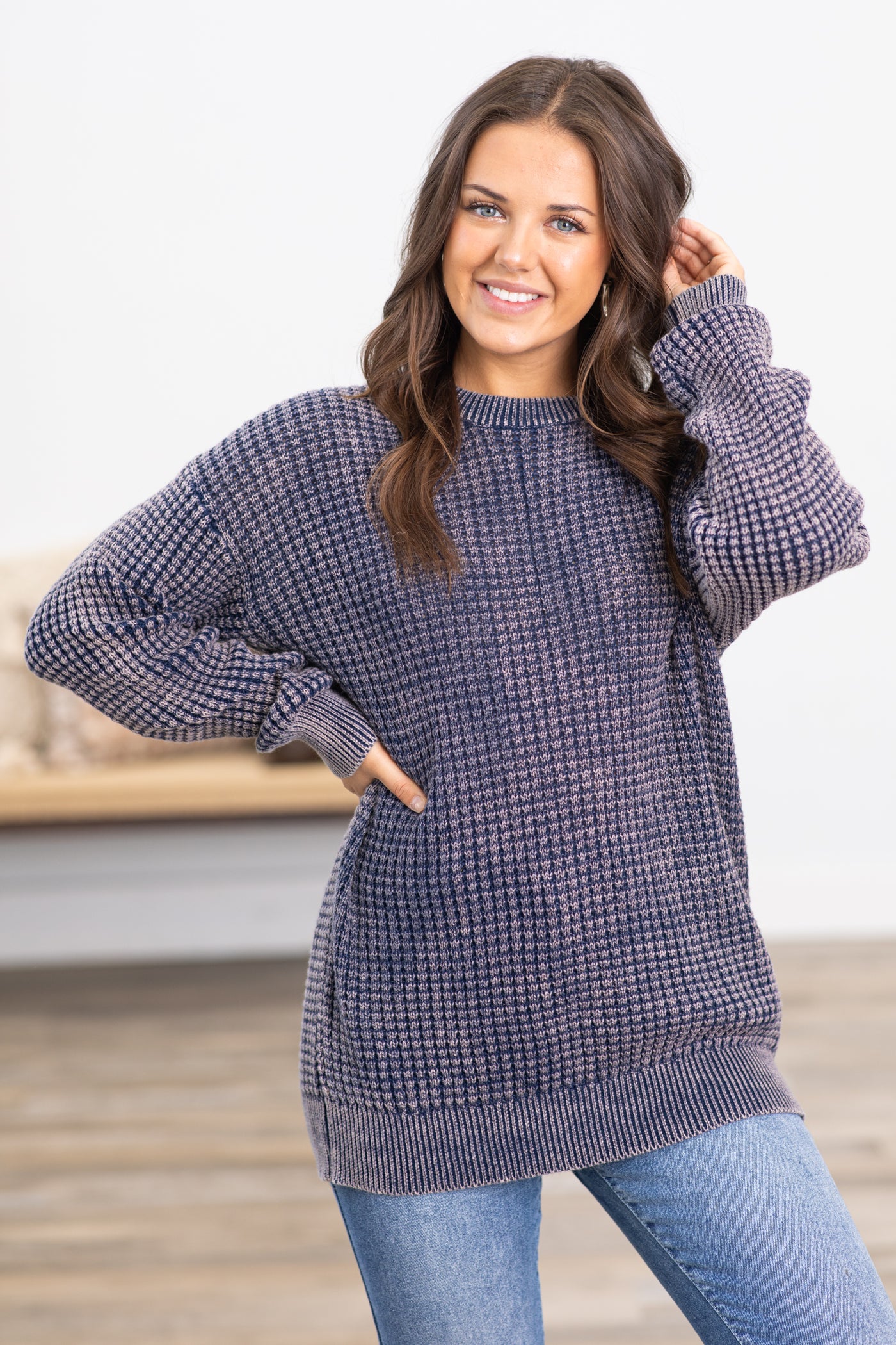 Navy Mineral Wash Waffle Knit Sweater
