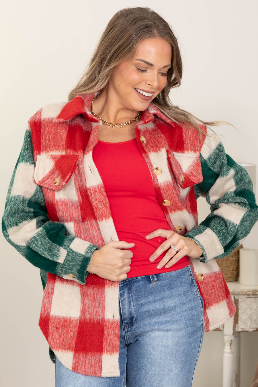 Red Multi Plaid Chest Pocket Shacket